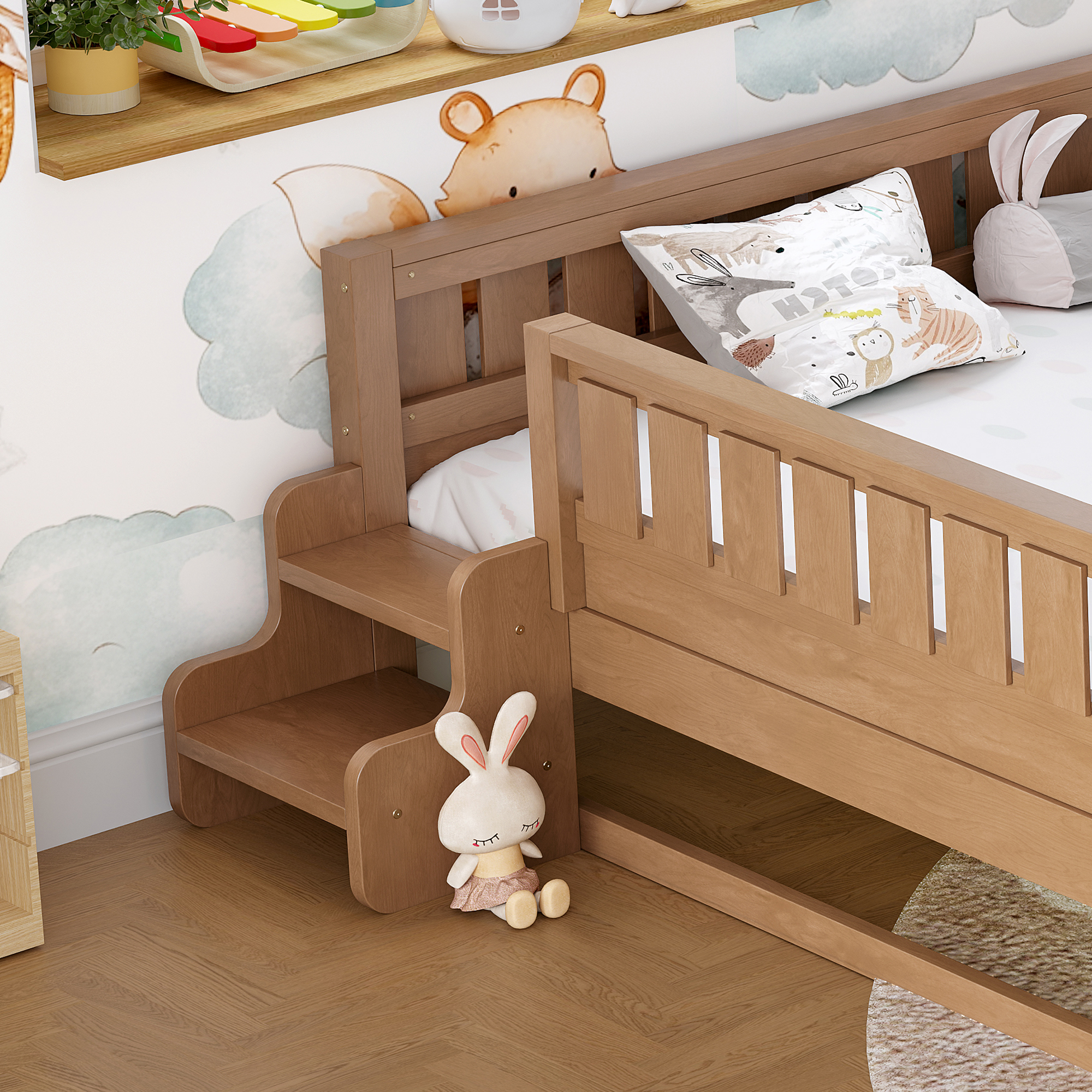 Queen with built-in bookshelves and small staircase, high-quality safety rails, and Trundle,Natural - Image 5