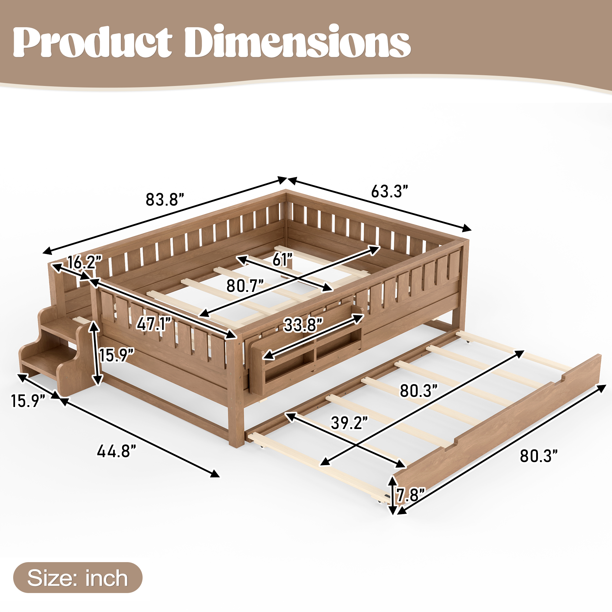 Queen with built-in bookshelves and small staircase, high-quality safety rails, and Trundle,Natural - Image 6