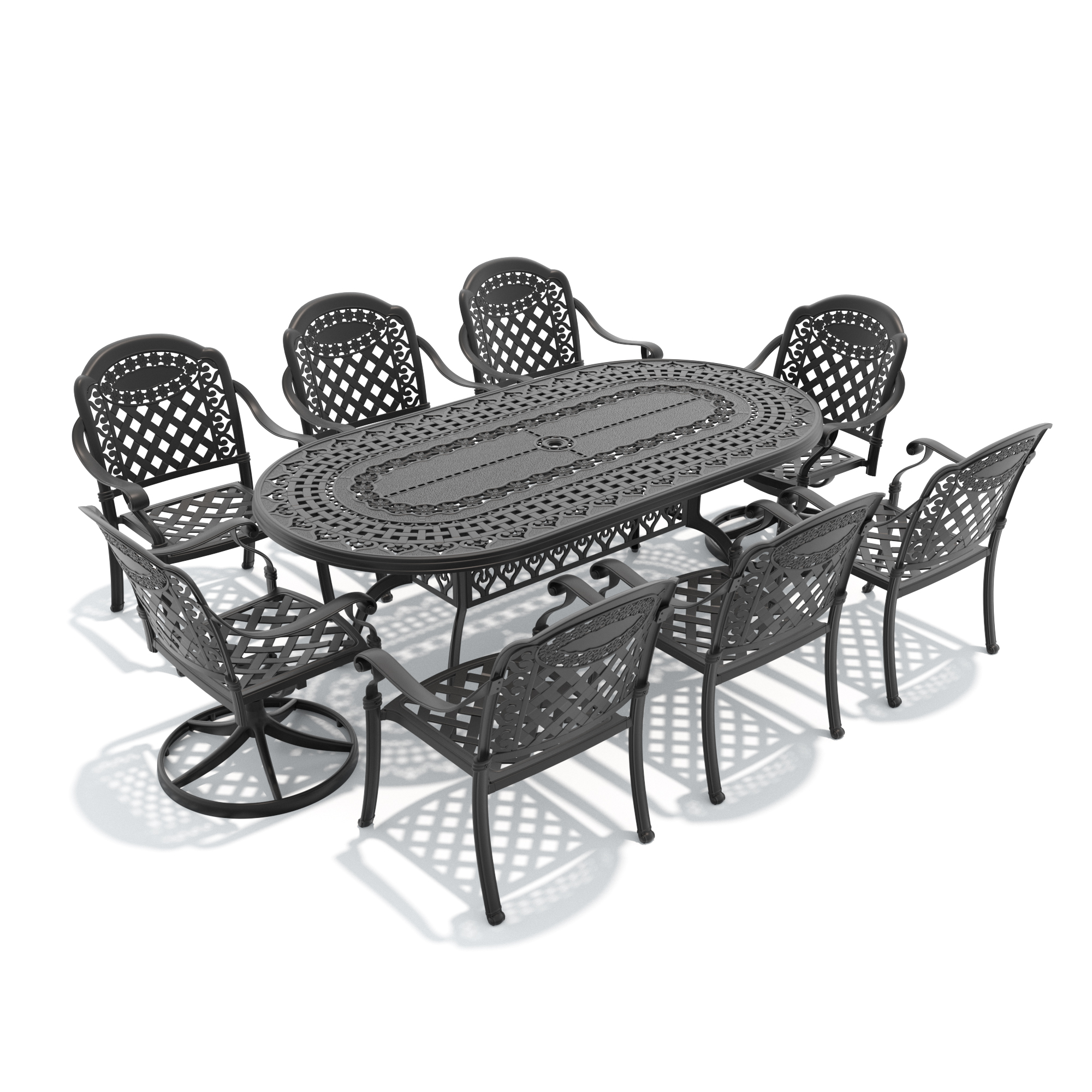 9-Piece All-Weather Cast Aluminum Dining Set, Include 2 Swivel Chairs,6 Dining Chairs and Oval Table With Black Frame - Image 2