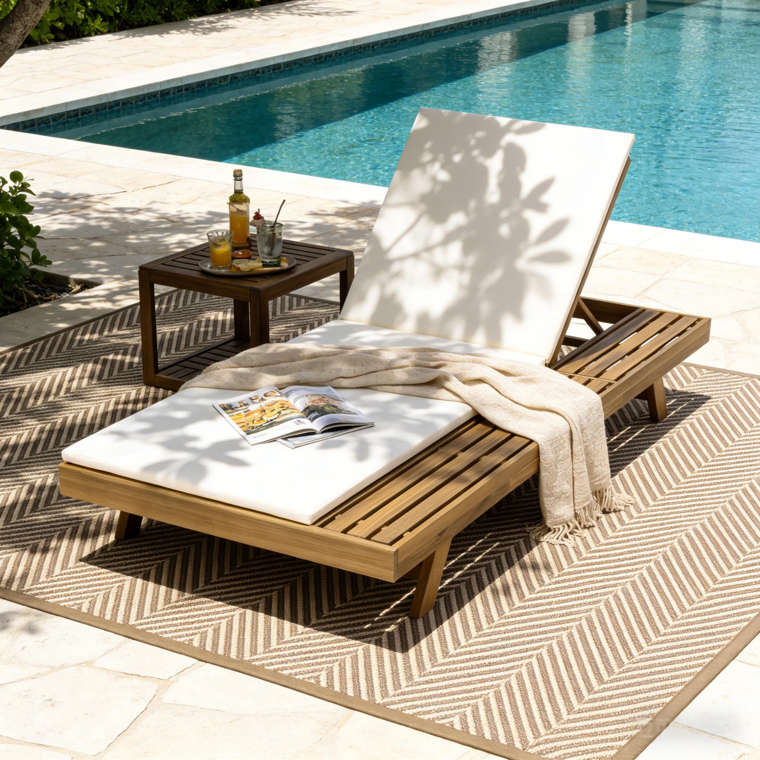 Lounge Chaise Set, Space Available On One Side, Acacia Wood In light brown With Water-Resistant Lounge Cushions (Cream & 2 Inch Thick) – Matching Dark Grey/Leaf Coconut Version Available - Image 2
