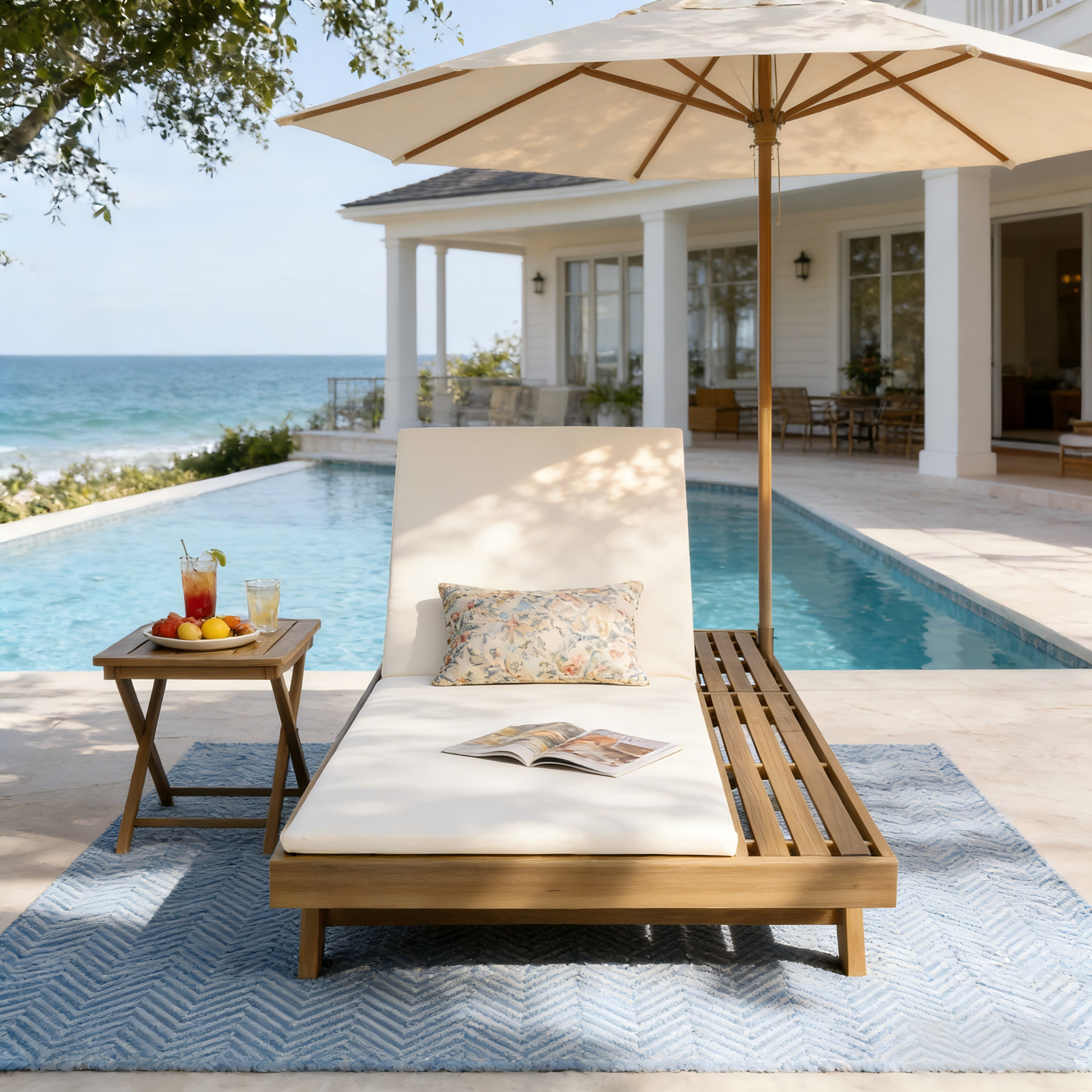 Lounge Chaise Set, Space Available On One Side, Acacia Wood In light brown With Water-Resistant Lounge Cushions (Cream & 2 Inch Thick) – Matching Dark Grey/Leaf Coconut Version Available - Image 3