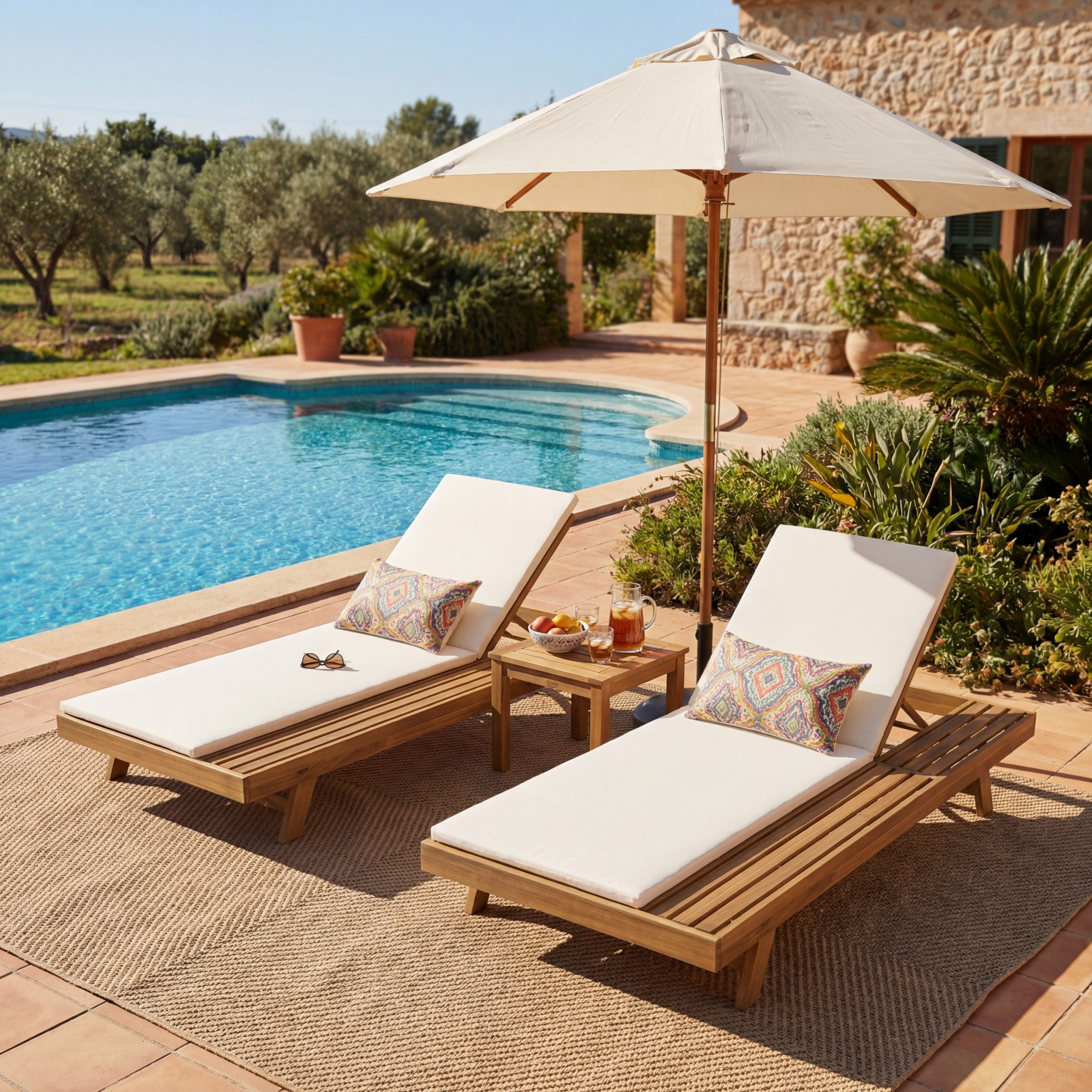 Lounge Chaise Set, Space Available On One Side, Acacia Wood In light brown With Water-Resistant Lounge Cushions (Cream & 2 Inch Thick) – Matching Dark Grey/Leaf Coconut Version Available - Image 6