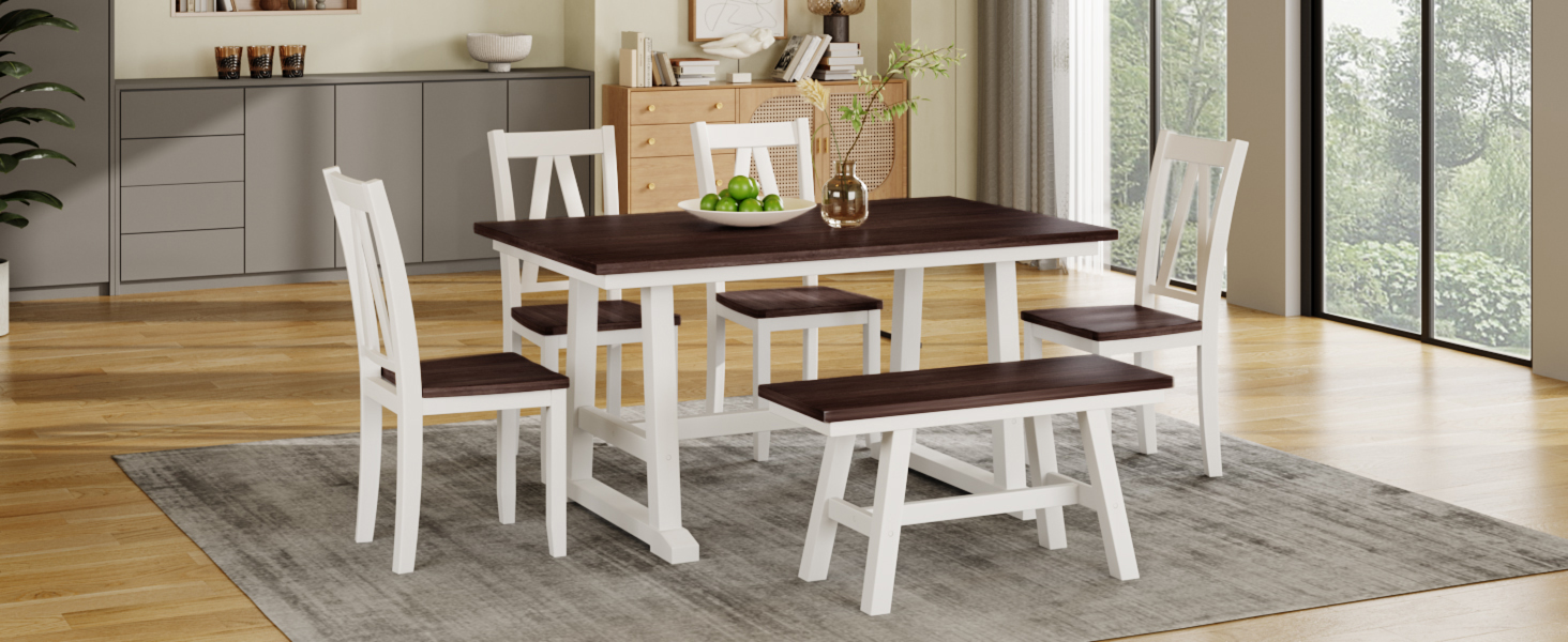 TOPMAX 6-Piece Wood Dining Table Set Kitchen Table Set with Long Bench and 4 Dining Chairs, Farmhouse Style, Espresso+White(old sku:SP000256) - Image 2