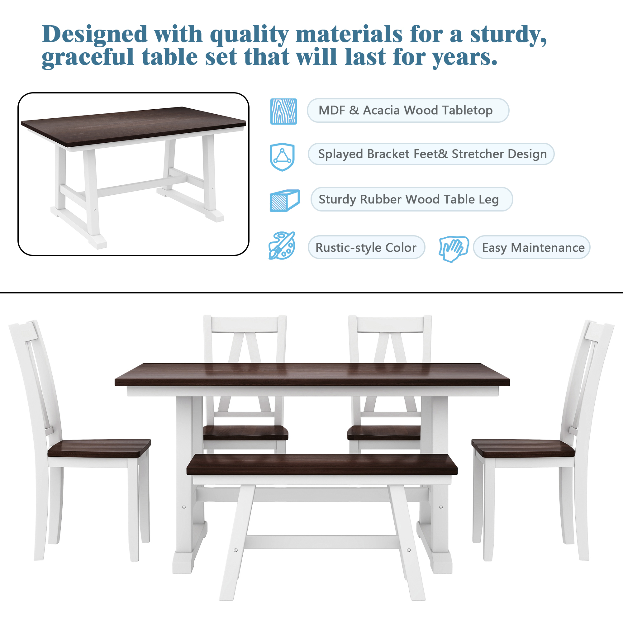TOPMAX 6-Piece Wood Dining Table Set Kitchen Table Set with Long Bench and 4 Dining Chairs, Farmhouse Style, Espresso+White(old sku:SP000256) - Image 3
