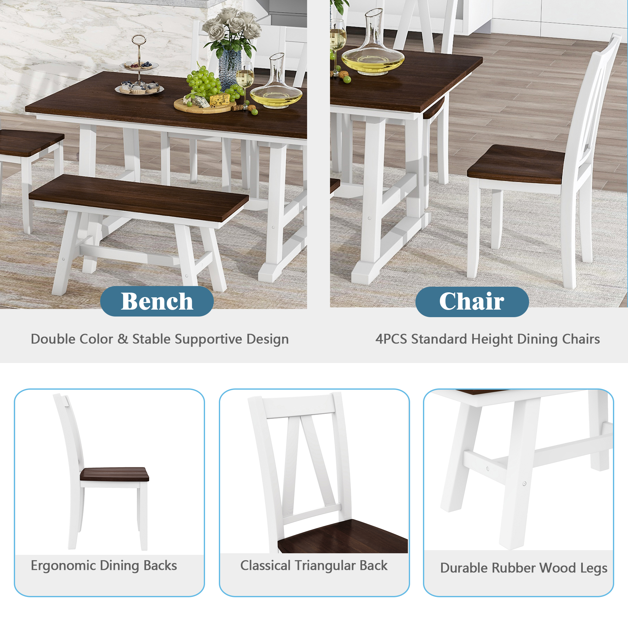TOPMAX 6-Piece Wood Dining Table Set Kitchen Table Set with Long Bench and 4 Dining Chairs, Farmhouse Style, Espresso+White(old sku:SP000256) - Image 4