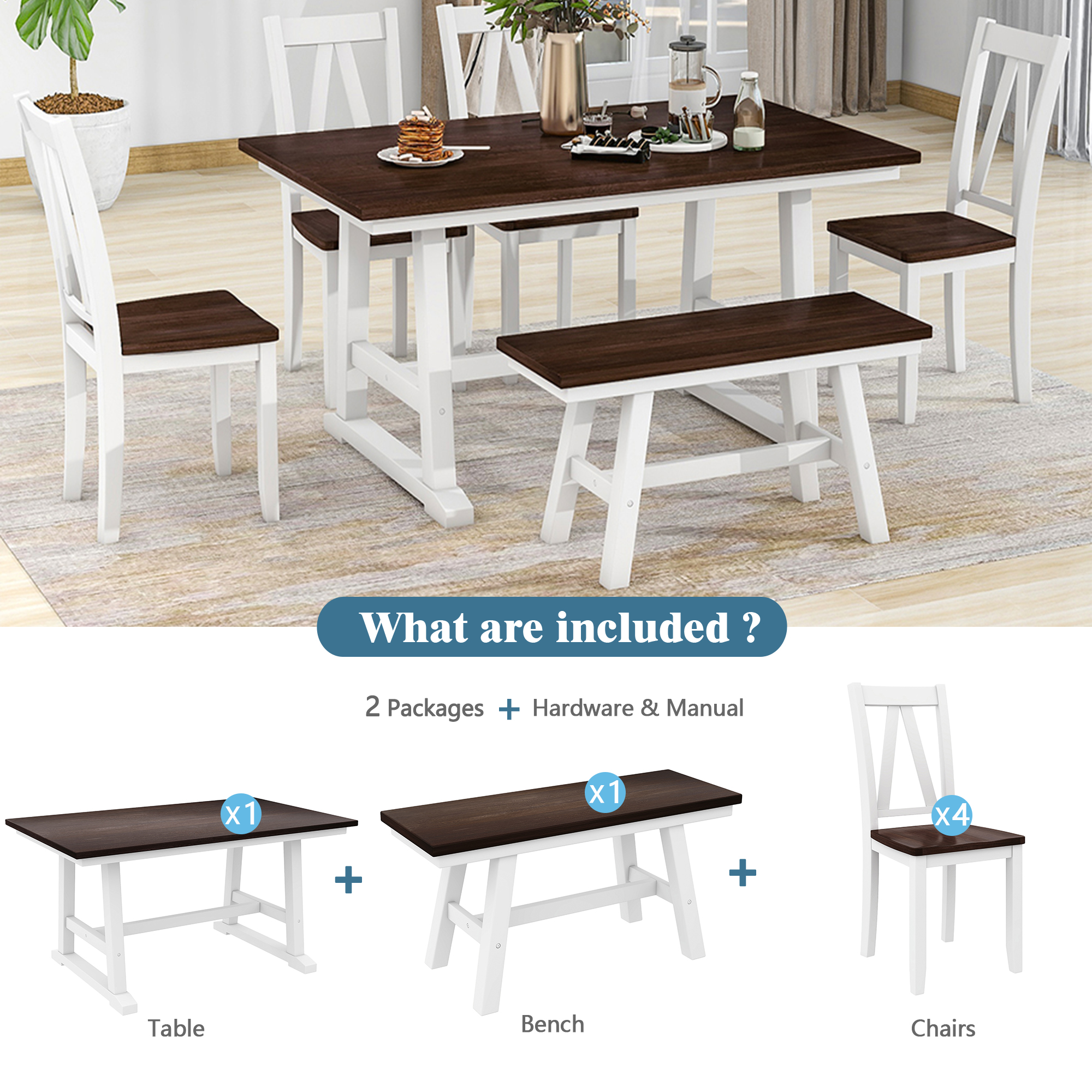 TOPMAX 6-Piece Wood Dining Table Set Kitchen Table Set with Long Bench and 4 Dining Chairs, Farmhouse Style, Espresso+White(old sku:SP000256) - Image 5