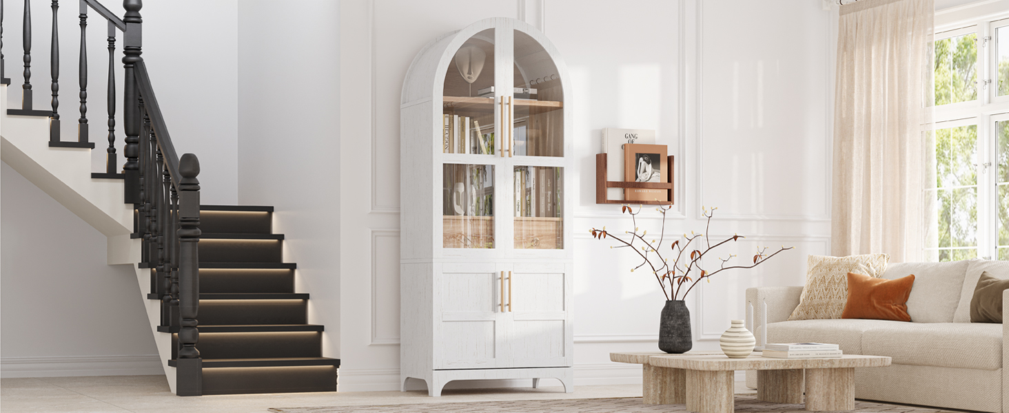K&K 71" Tall Arched Kitchen Pantry Cabinet with Door Shelves, Farmhouse Kitchen Storage Cabinet with Open & Adjustable Shelves, Hidden Drawer & Glass Door, Cupboard for Kitchen, Dining Room, White - Image 4