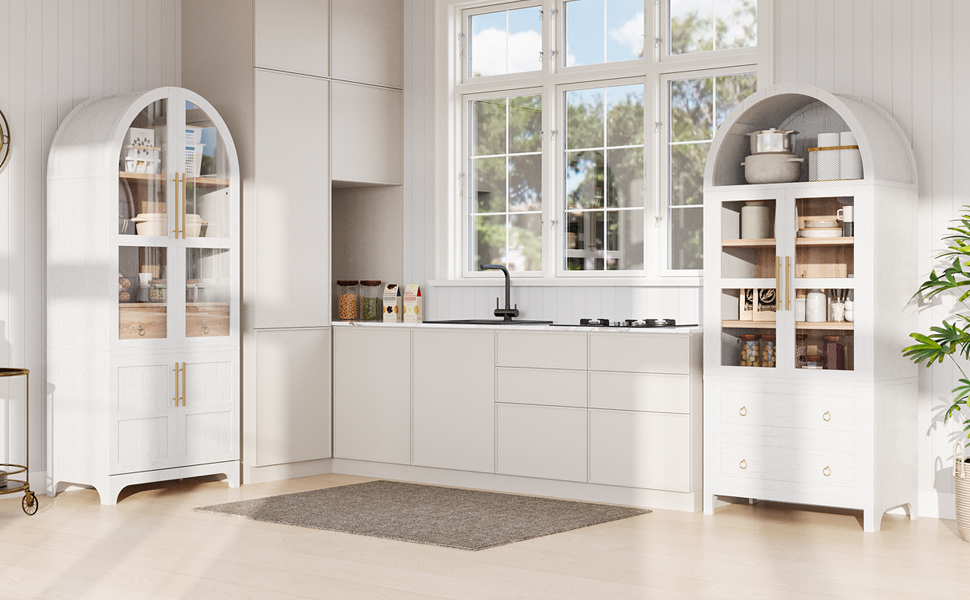 K&K 71" Tall Arched Kitchen Pantry Cabinet with Door Shelves, Farmhouse Kitchen Storage Cabinet with Open & Adjustable Shelves, Hidden Drawer & Glass Door, Cupboard for Kitchen, Dining Room, White - Image 5