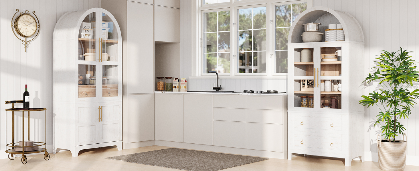 K&K 71" Tall Arched Kitchen Pantry Cabinet with Door Shelves, Farmhouse Kitchen Storage Cabinet with Open & Adjustable Shelves, Hidden Drawer & Glass Door, Cupboard for Kitchen, Dining Room, White - Image 6