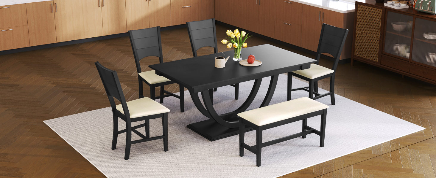 TOPMAX 6-Piece Wood Half Round Dining Table Set Kitchen Table Set with Long Bench and 4 Dining Chairs, Modern Style, Gray - Image 2