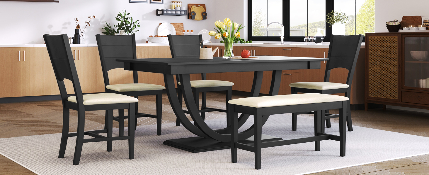 TOPMAX 6-Piece Wood Half Round Dining Table Set Kitchen Table Set with Long Bench and 4 Dining Chairs, Modern Style, Gray - Image 3