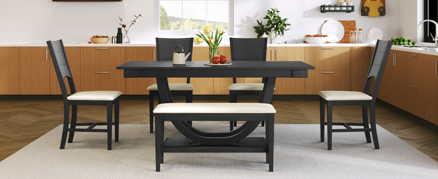TOPMAX 6-Piece Wood Half Round Dining Table Set Kitchen Table Set with Long Bench and 4 Dining Chairs, Modern Style, Gray - Image 4