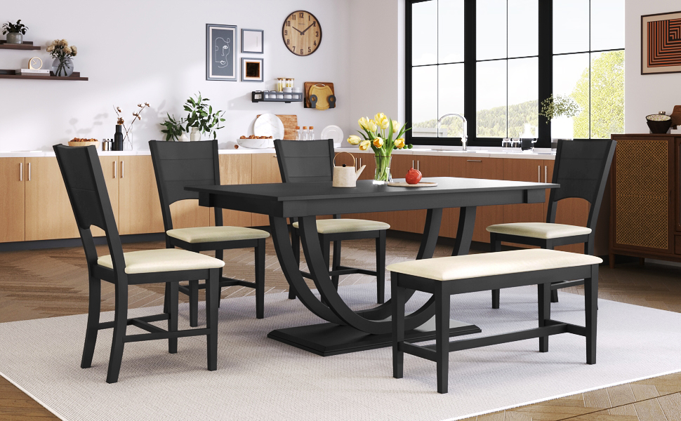 TOPMAX 6-Piece Wood Half Round Dining Table Set Kitchen Table Set with Long Bench and 4 Dining Chairs, Modern Style, Gray - Image 5