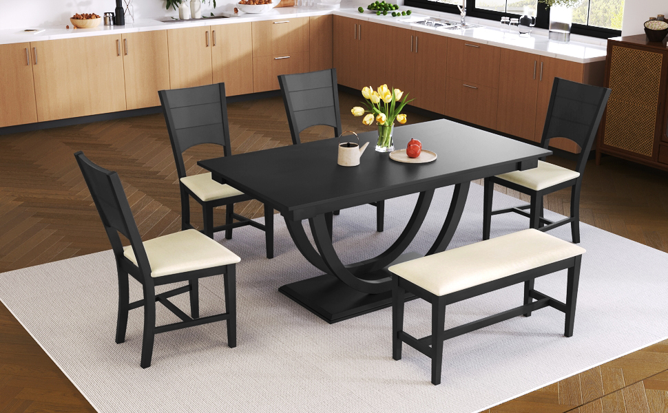 TOPMAX 6-Piece Wood Half Round Dining Table Set Kitchen Table Set with Long Bench and 4 Dining Chairs, Modern Style, Gray - Image 6