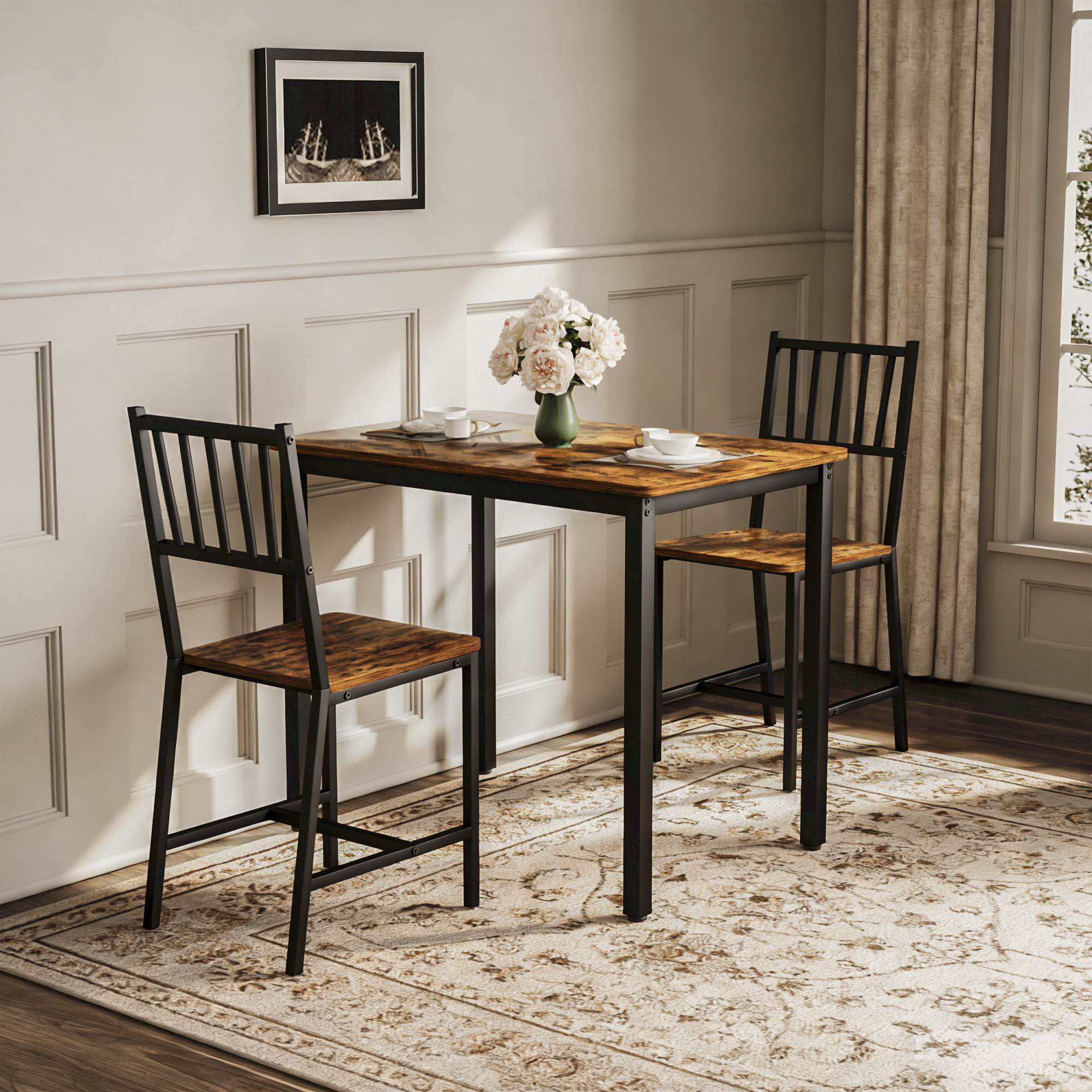 Dining Table Set, Bar Table with 2 Dining chairs, Kitchen Table Counter with Chairs, Industrial for Kitchen Breakfast Table, Living Room, Party Room, Rustic Brown and Black,35.4″L x23.6″W x 29.7″H - Image 2