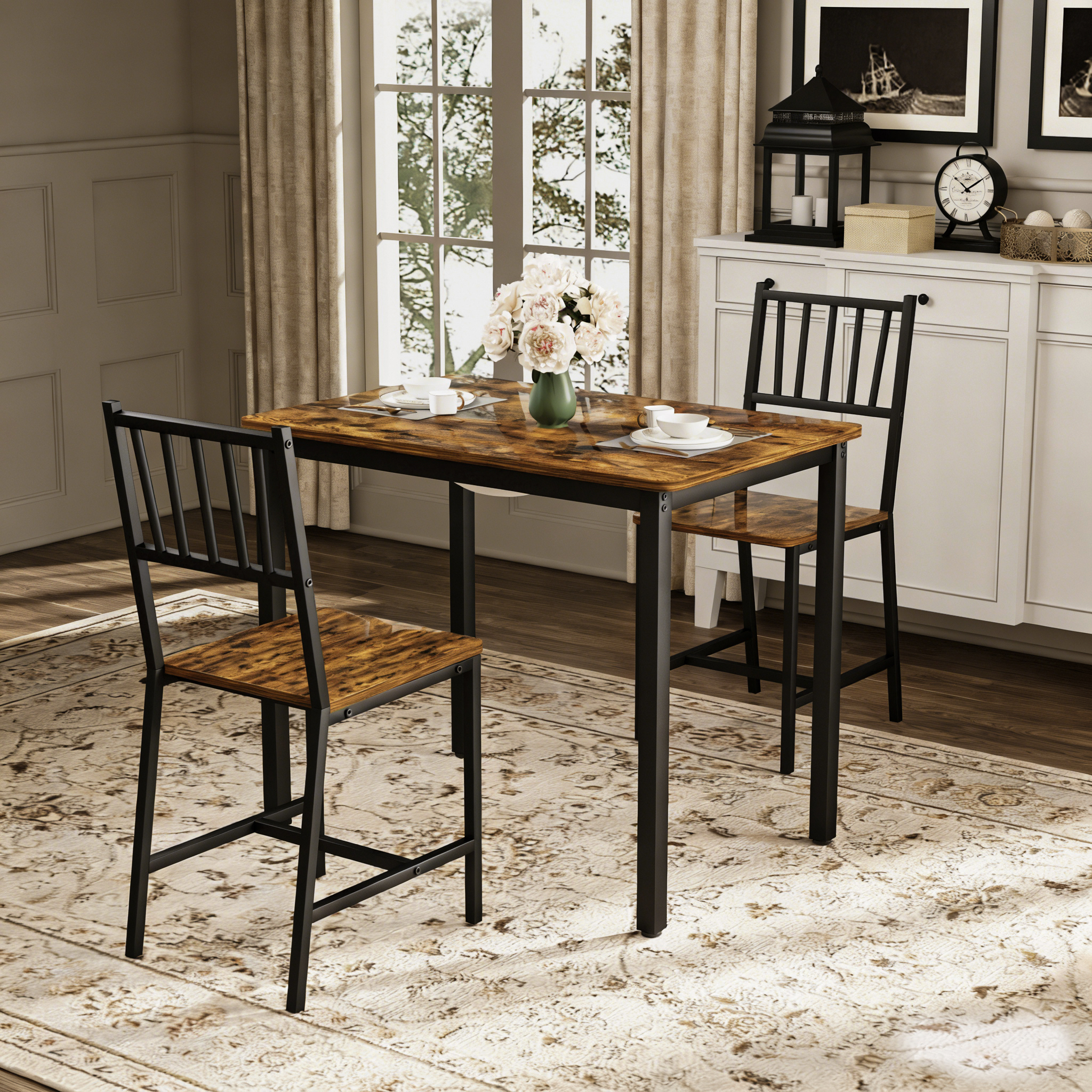 Dining Table Set, Bar Table with 2 Dining chairs, Kitchen Table Counter with Chairs, Industrial for Kitchen Breakfast Table, Living Room, Party Room, Rustic Brown and Black,35.4″L x23.6″W x 29.7″H - Image 3