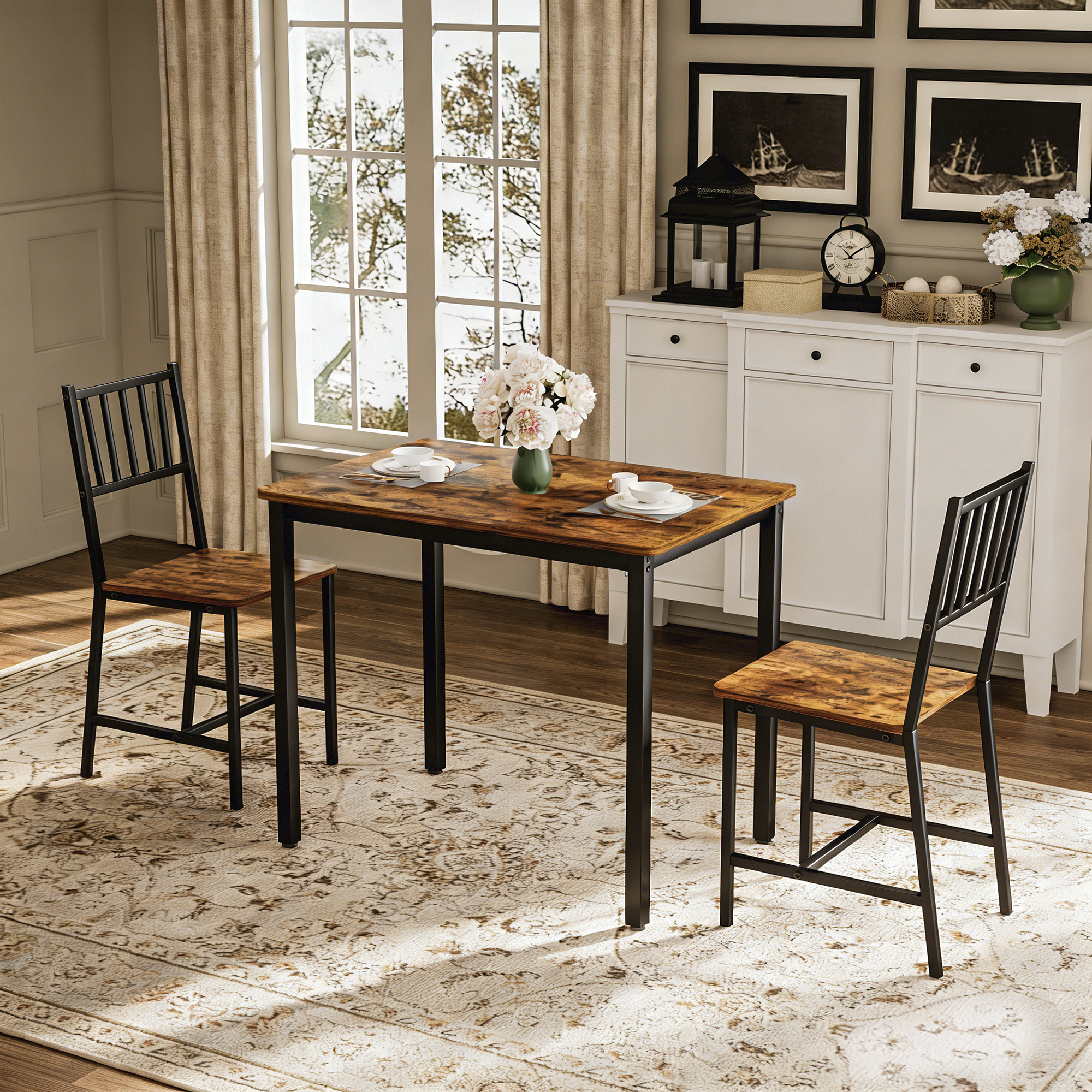 Dining Table Set, Bar Table with 2 Dining chairs, Kitchen Table Counter with Chairs, Industrial for Kitchen Breakfast Table, Living Room, Party Room, Rustic Brown and Black,35.4″L x23.6″W x 29.7″H - Image 4