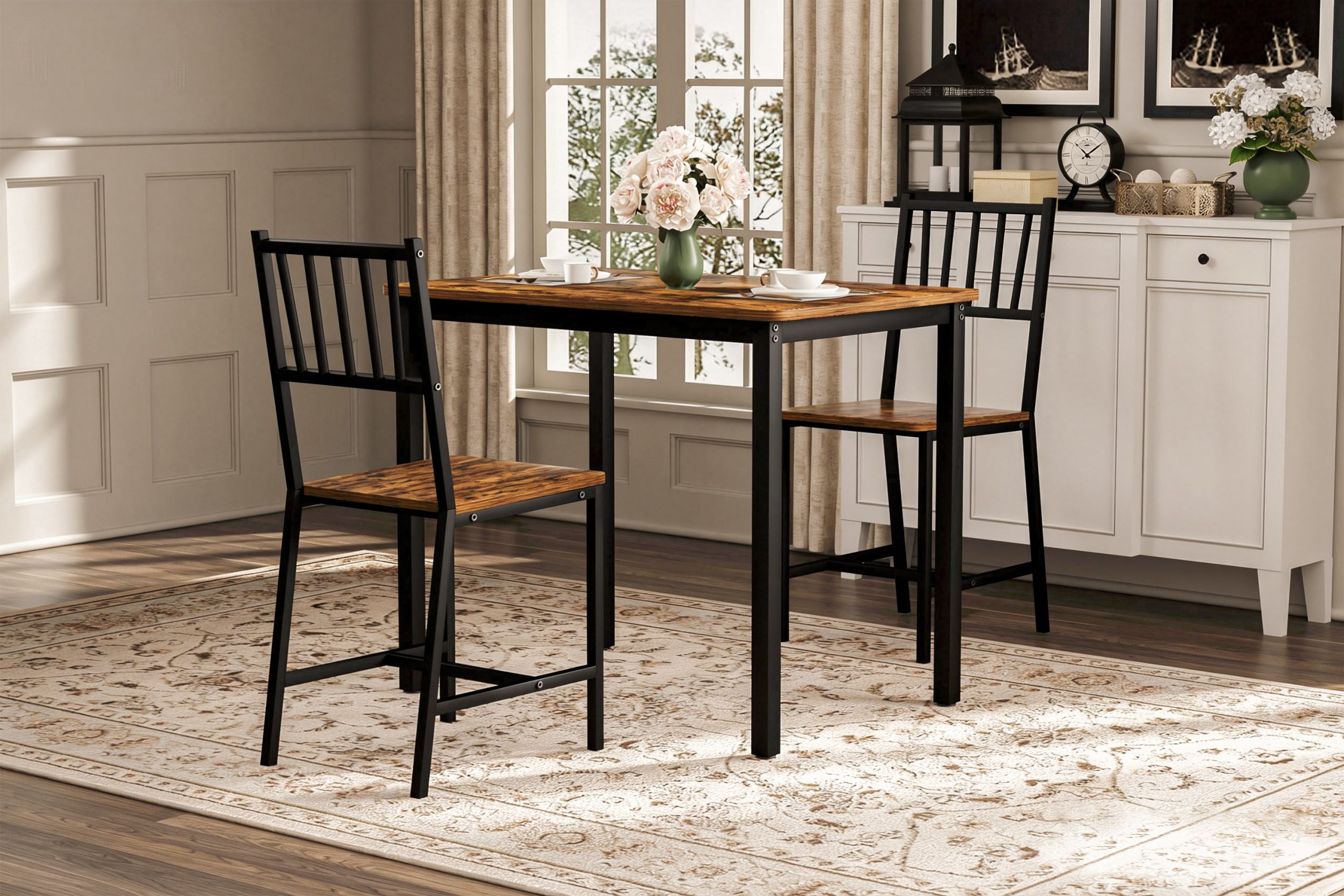 Dining Table Set, Bar Table with 2 Dining chairs, Kitchen Table Counter with Chairs, Industrial for Kitchen Breakfast Table, Living Room, Party Room, Rustic Brown and Black,35.4″L x23.6″W x 29.7″H - Image 5
