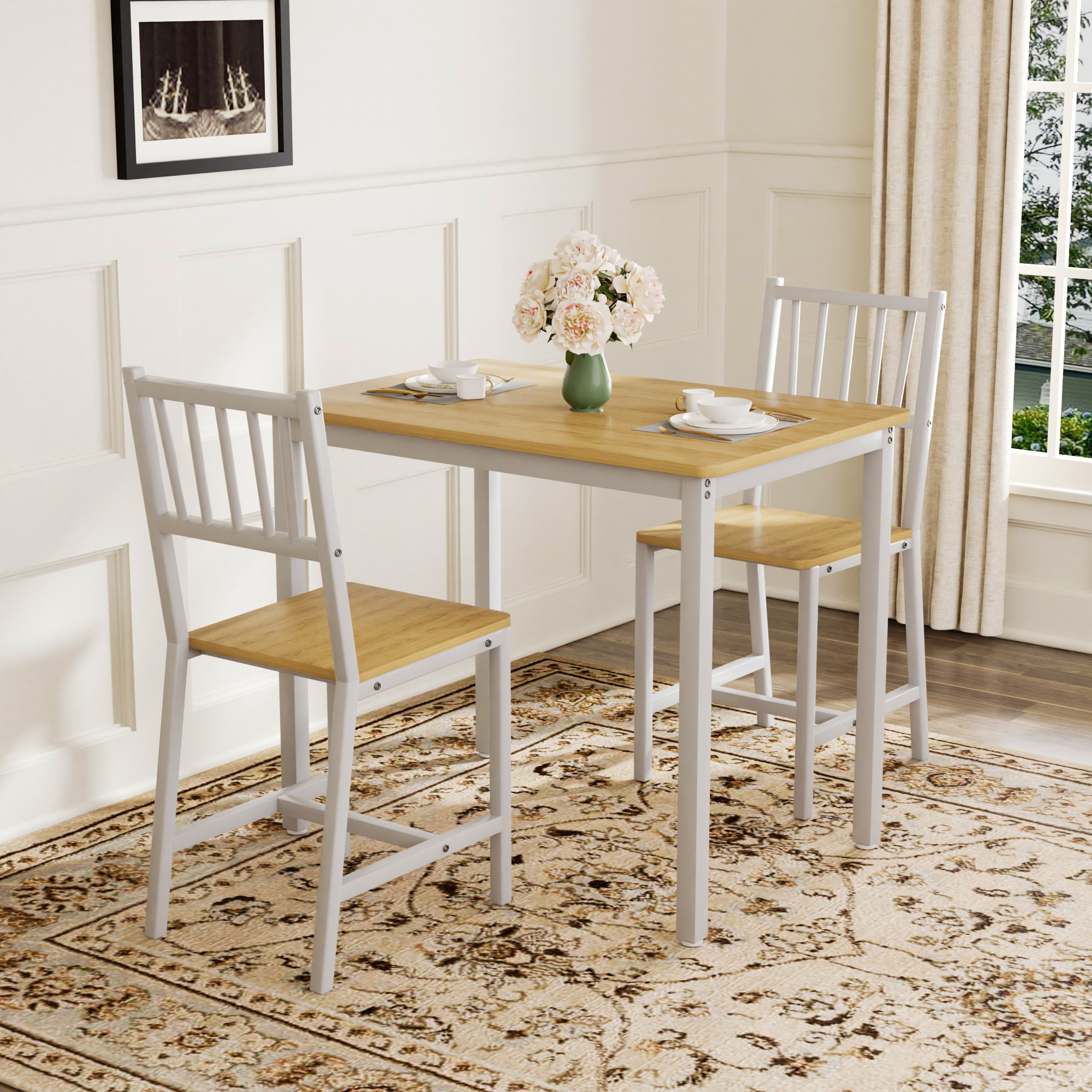 Dining Table Set, Bar Table with 2 Dining chairs, Kitchen Table Counter with Chairs, Industrial for Kitchen Breakfast Table, Living Room, Party Room,Natural and White,35.4″L x23.6″W x 29.7″H - Image 2