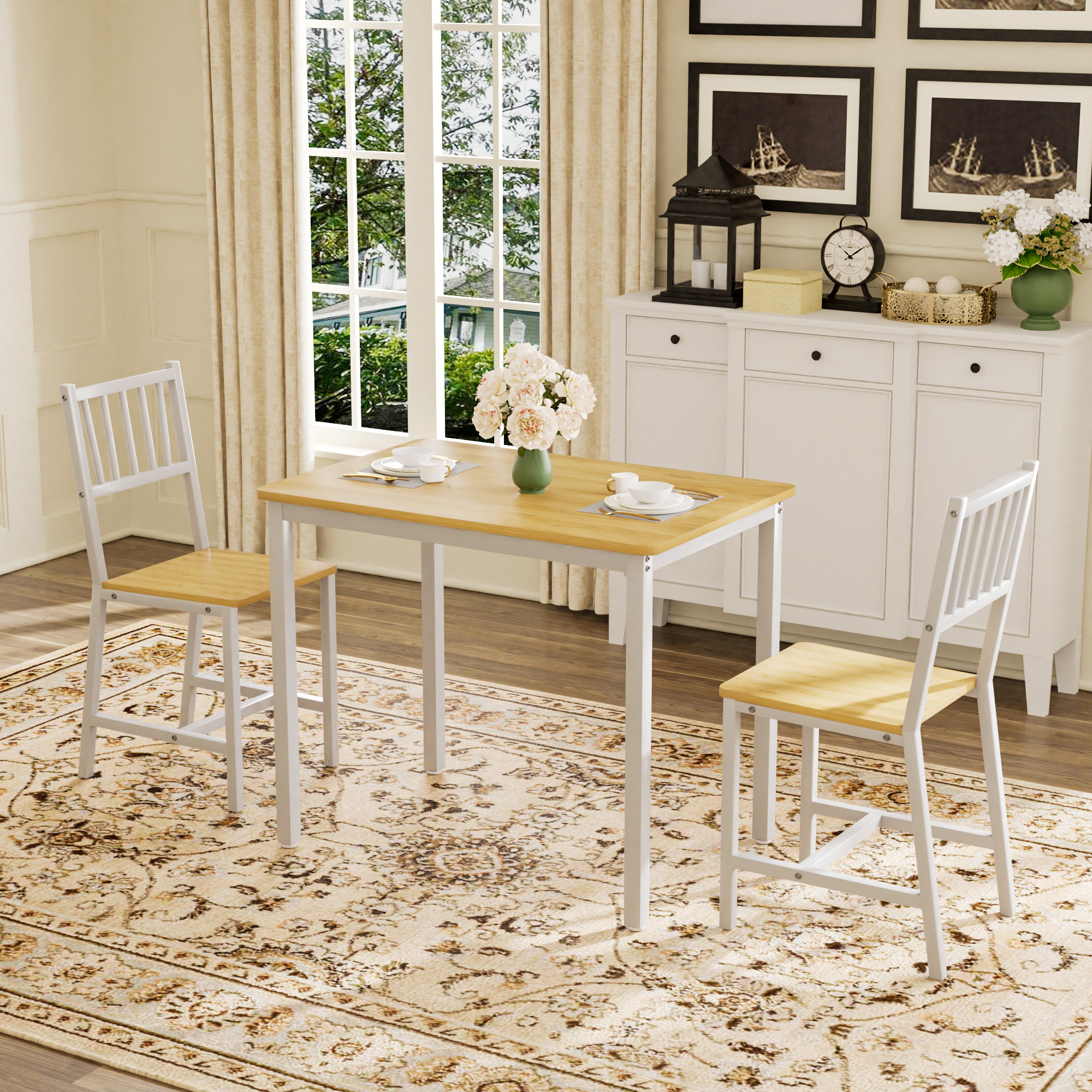 Dining Table Set, Bar Table with 2 Dining chairs, Kitchen Table Counter with Chairs, Industrial for Kitchen Breakfast Table, Living Room, Party Room,Natural and White,35.4″L x23.6″W x 29.7″H - Image 3