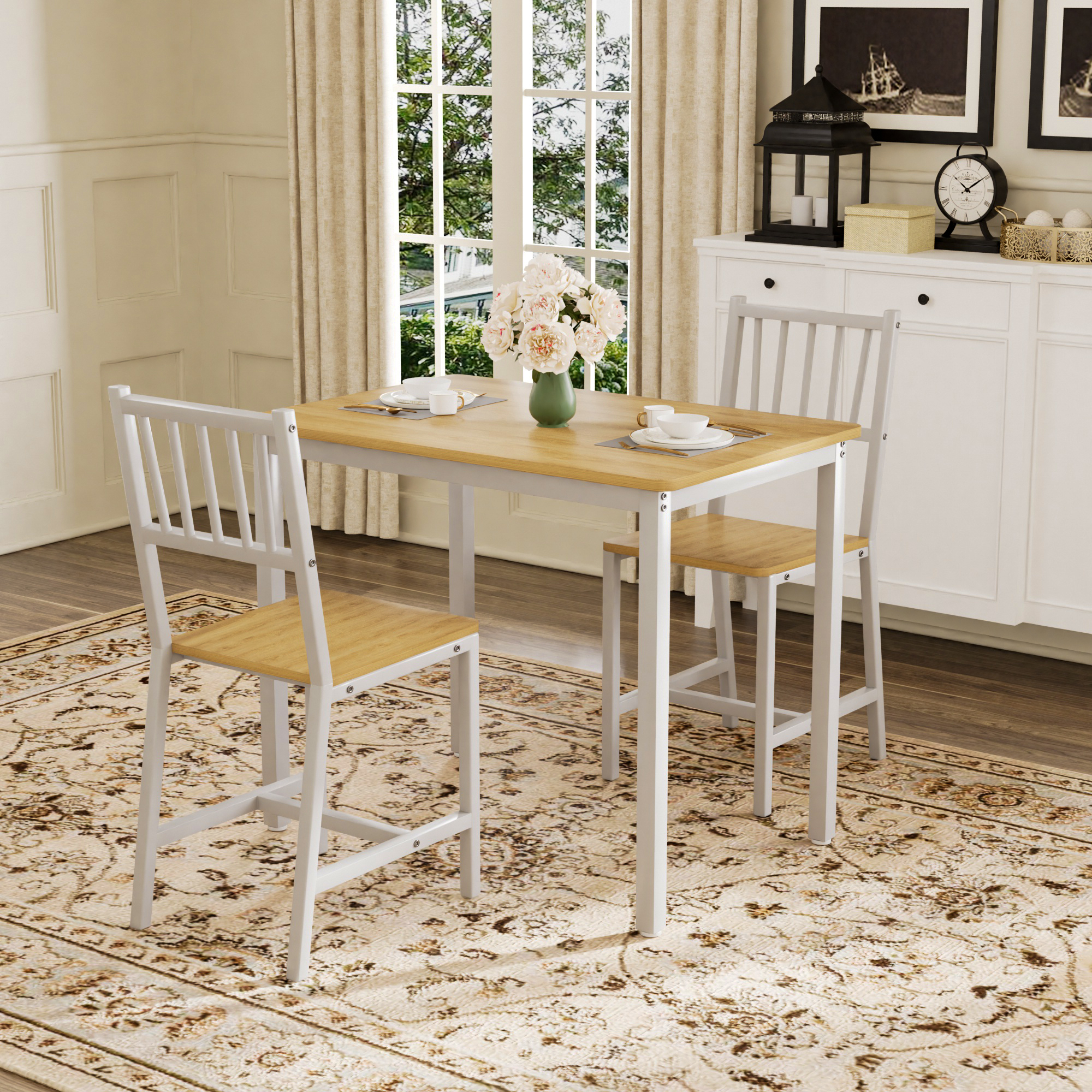 Dining Table Set, Bar Table with 2 Dining chairs, Kitchen Table Counter with Chairs, Industrial for Kitchen Breakfast Table, Living Room, Party Room,Natural and White,35.4″L x23.6″W x 29.7″H - Image 4