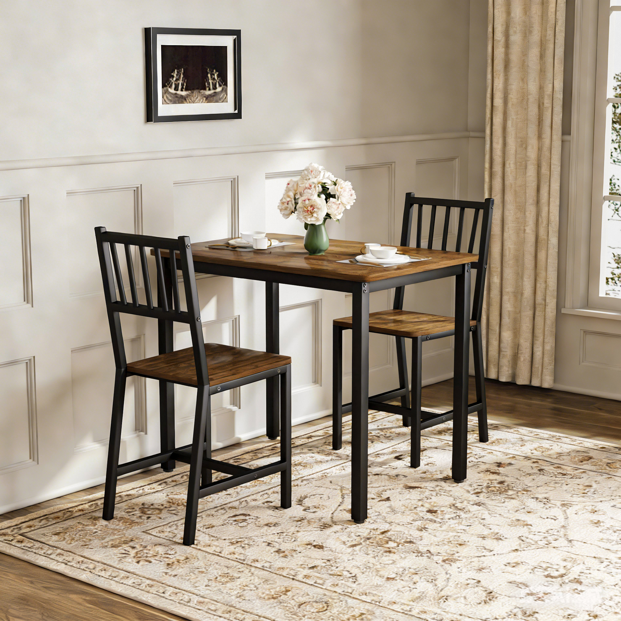 Dining Table Set, Bar Table with 2 Dining chairs, Kitchen Table Counter with Chairs, Industrial for Kitchen Breakfast Table, Living Room, Party Room, Walnut ,35.4″L x23.6″W x 29.7″H - Image 2