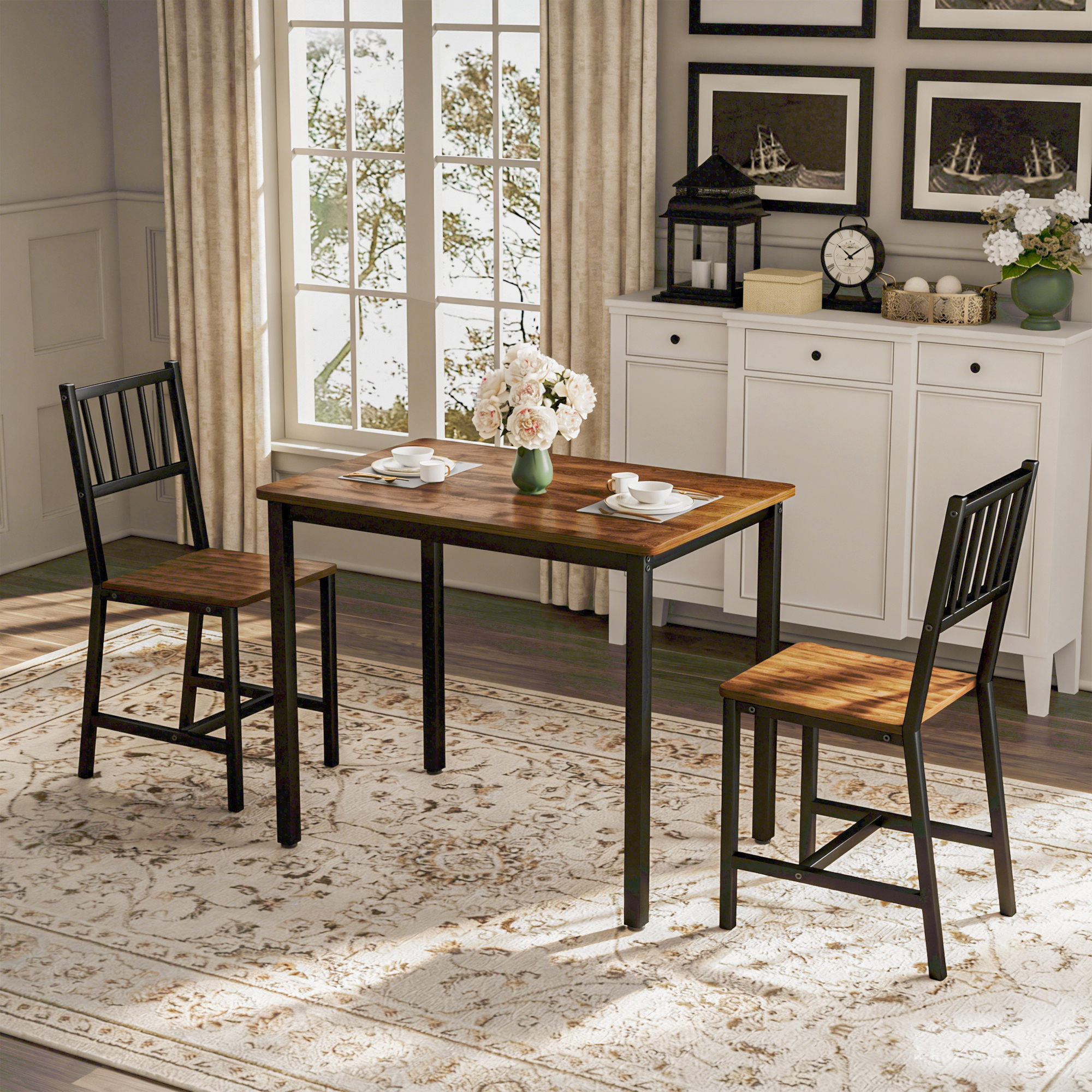 Dining Table Set, Bar Table with 2 Dining chairs, Kitchen Table Counter with Chairs, Industrial for Kitchen Breakfast Table, Living Room, Party Room, Walnut ,35.4″L x23.6″W x 29.7″H - Image 3