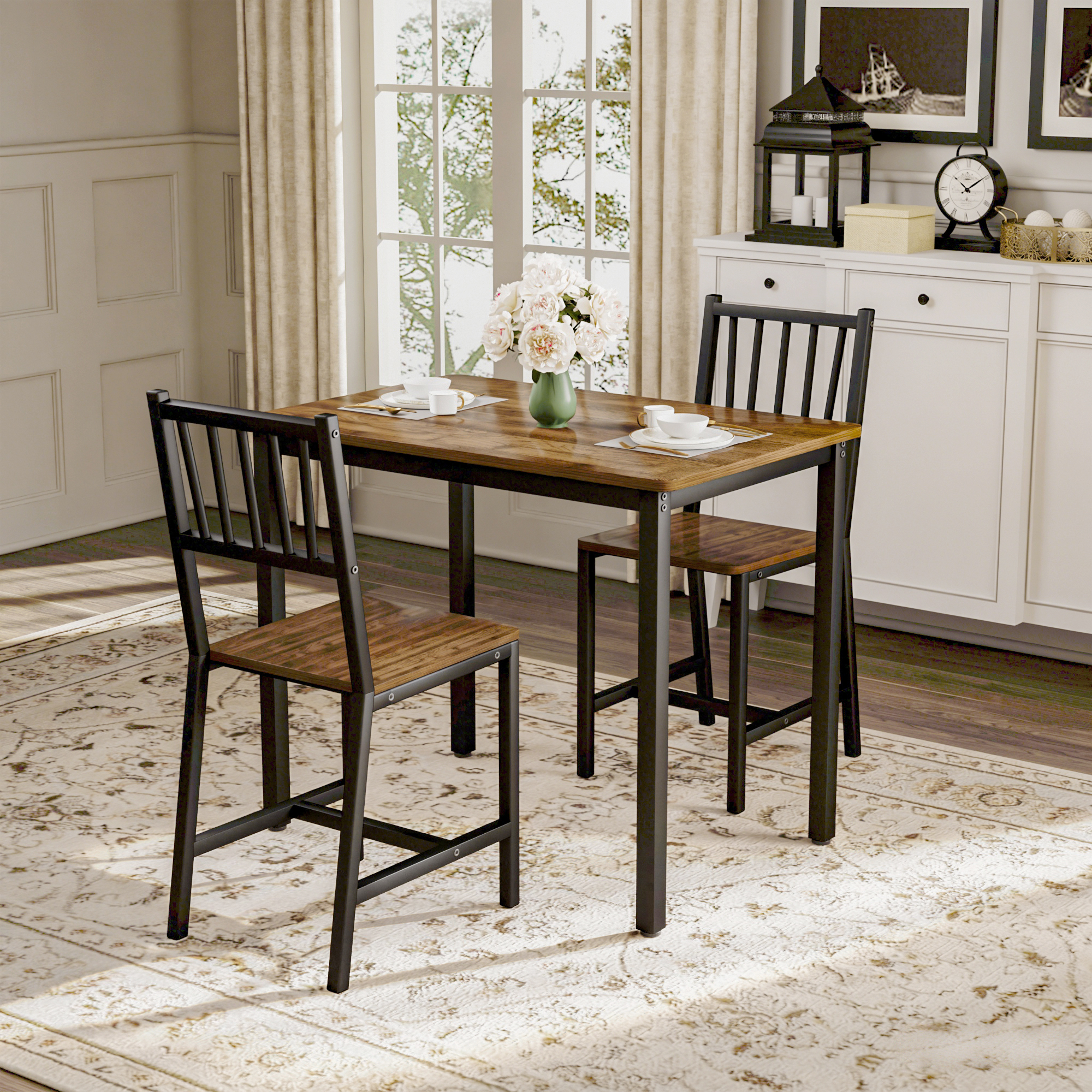 Dining Table Set, Bar Table with 2 Dining chairs, Kitchen Table Counter with Chairs, Industrial for Kitchen Breakfast Table, Living Room, Party Room, Walnut ,35.4″L x23.6″W x 29.7″H - Image 4