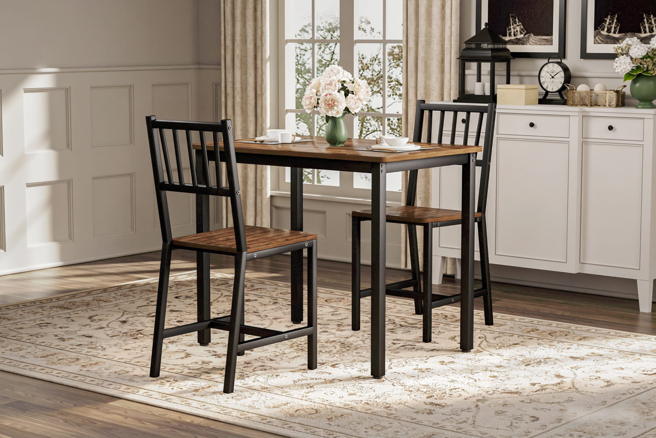 Dining Table Set, Bar Table with 2 Dining chairs, Kitchen Table Counter with Chairs, Industrial for Kitchen Breakfast Table, Living Room, Party Room, Walnut ,35.4″L x23.6″W x 29.7″H - Image 5