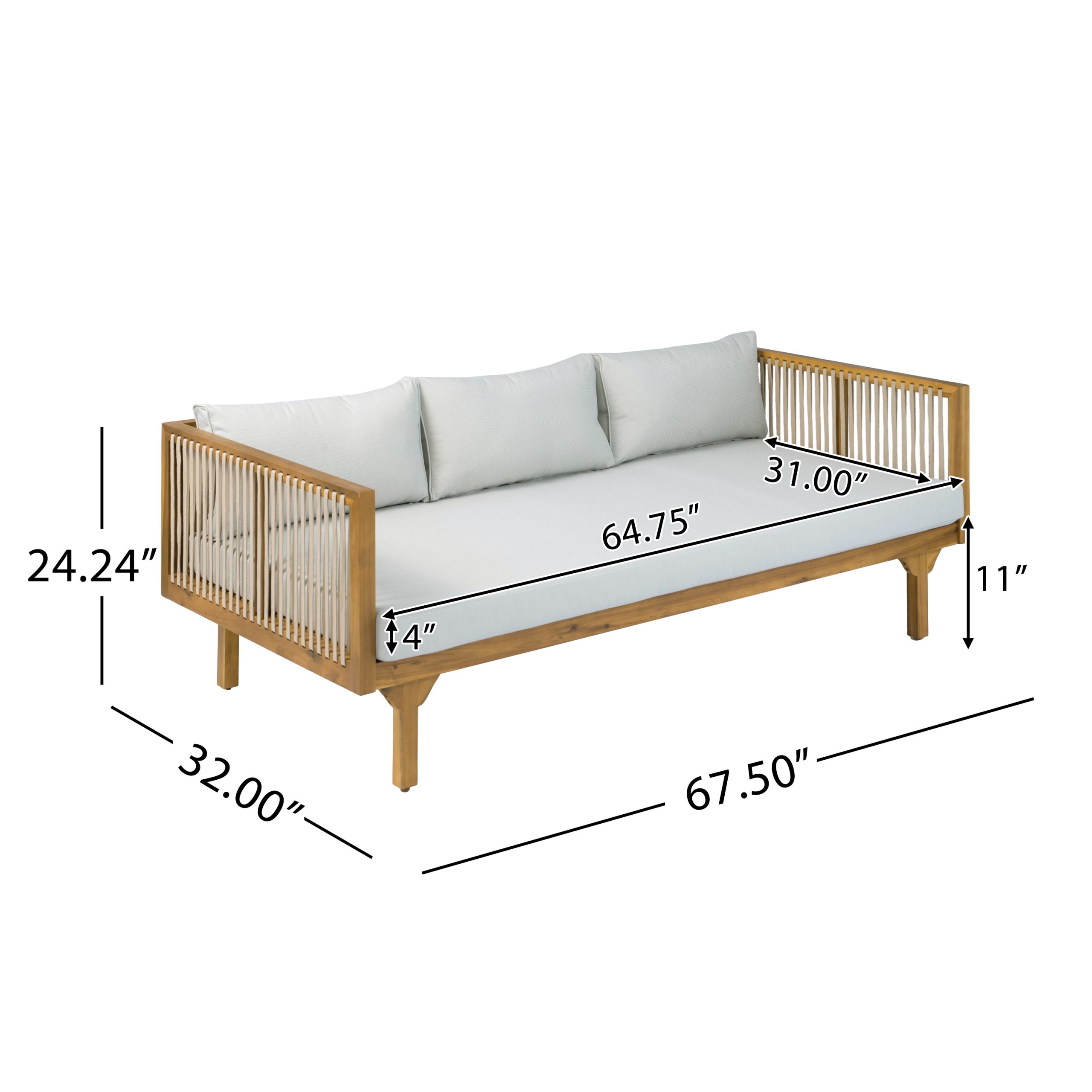 2-Piece Outdoor Patio Set: Sofa with Light Gray Cushions & Light Brown Rope Back + Round Acacia Wood Coffee Table, Teak Finish, Water Repellent, 600 lbs Sofa Capacity - Image 3