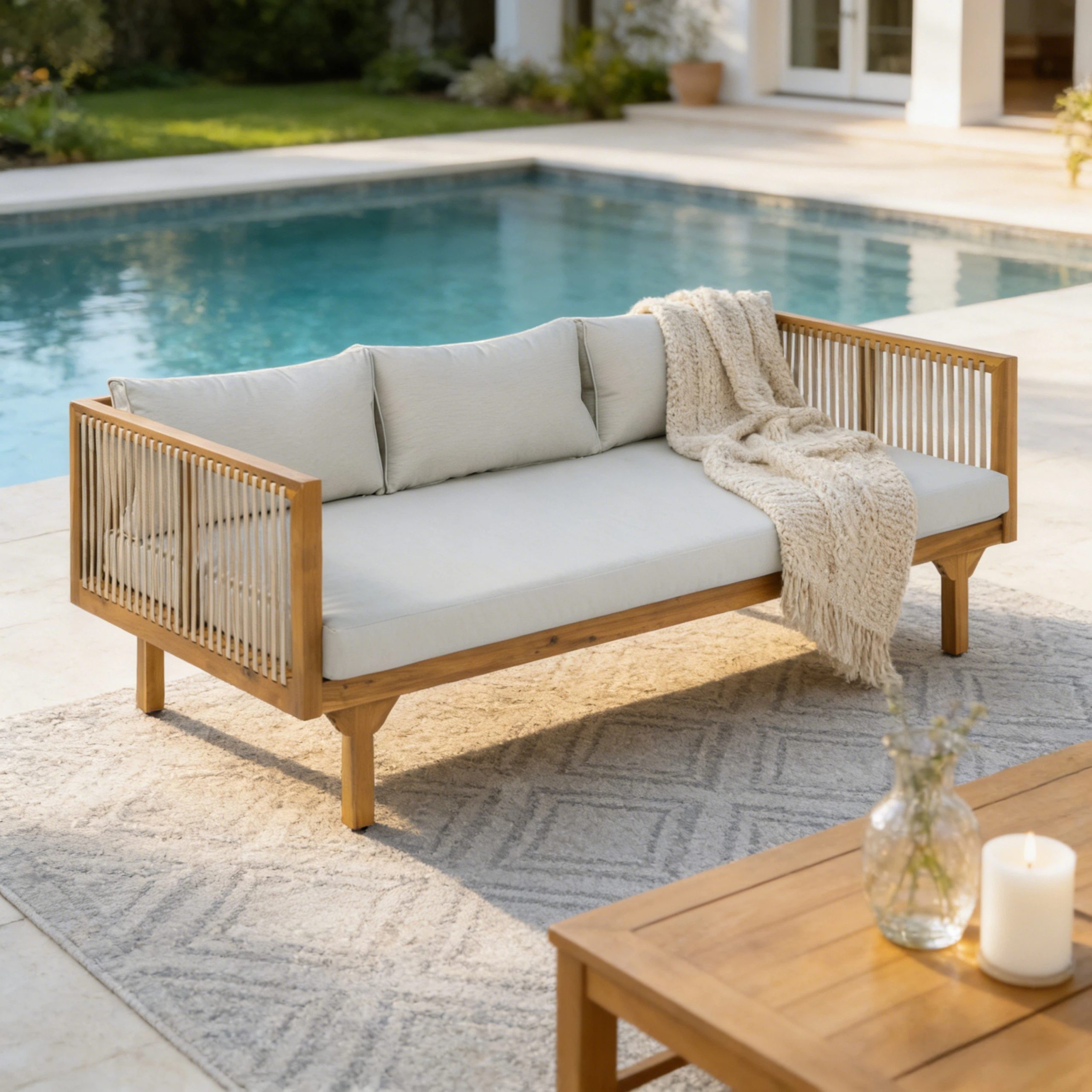 Outdoor Patio Sofa with Light Gray Cushion & Light Brown Rope, Acacia Wood Teak Finish, water resistant Fabric, 600 lbs Capacity, for Garden, Deck, or Backyard - Image 3