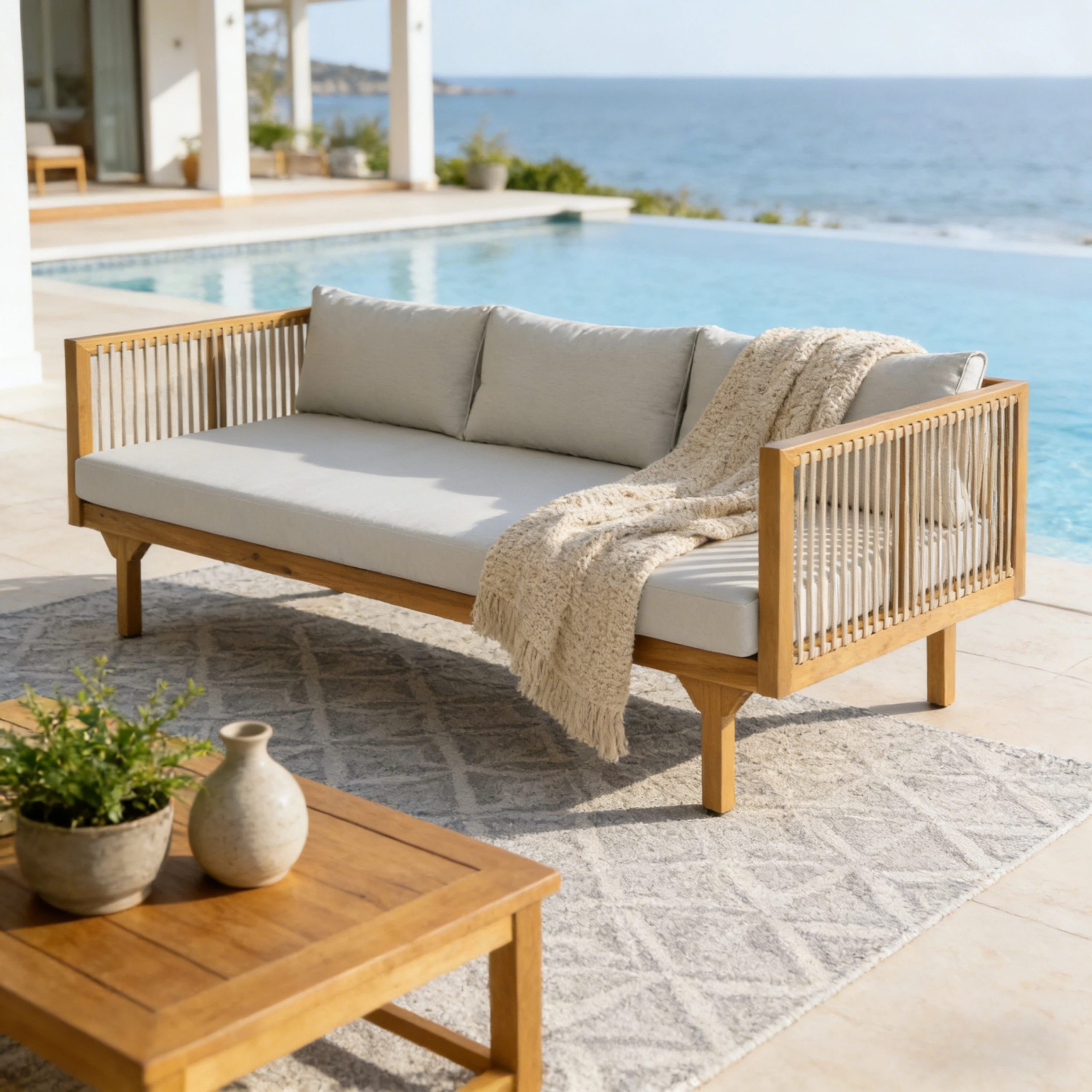 Outdoor Patio Sofa with Light Gray Cushion & Light Brown Rope, Acacia Wood Teak Finish, water resistant Fabric, 600 lbs Capacity, for Garden, Deck, or Backyard - Image 4
