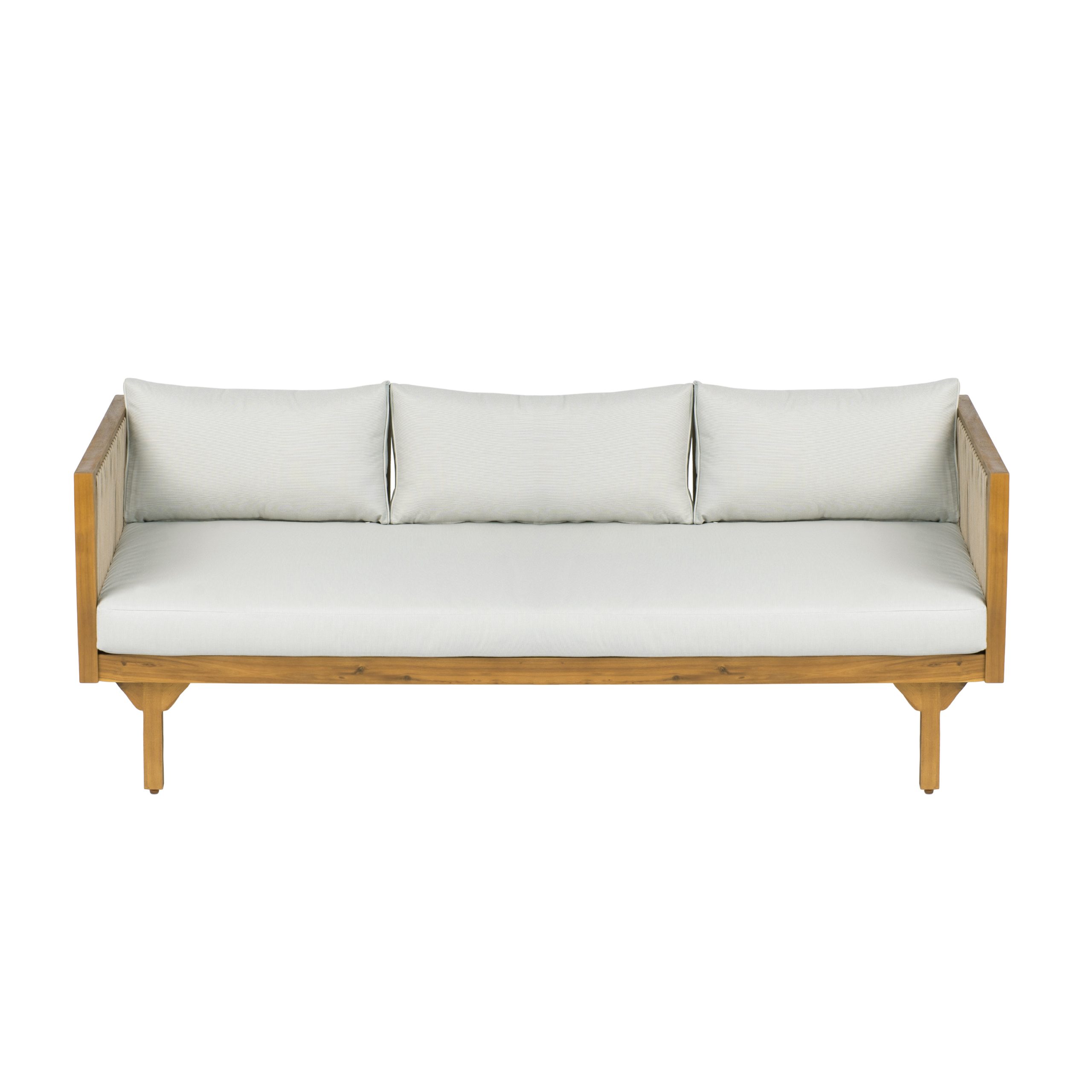 Outdoor Patio Sofa with Light Gray Cushion & Light Brown Rope, Acacia Wood Teak Finish, water resistant Fabric, 600 lbs Capacity, for Garden, Deck, or Backyard - Image 5
