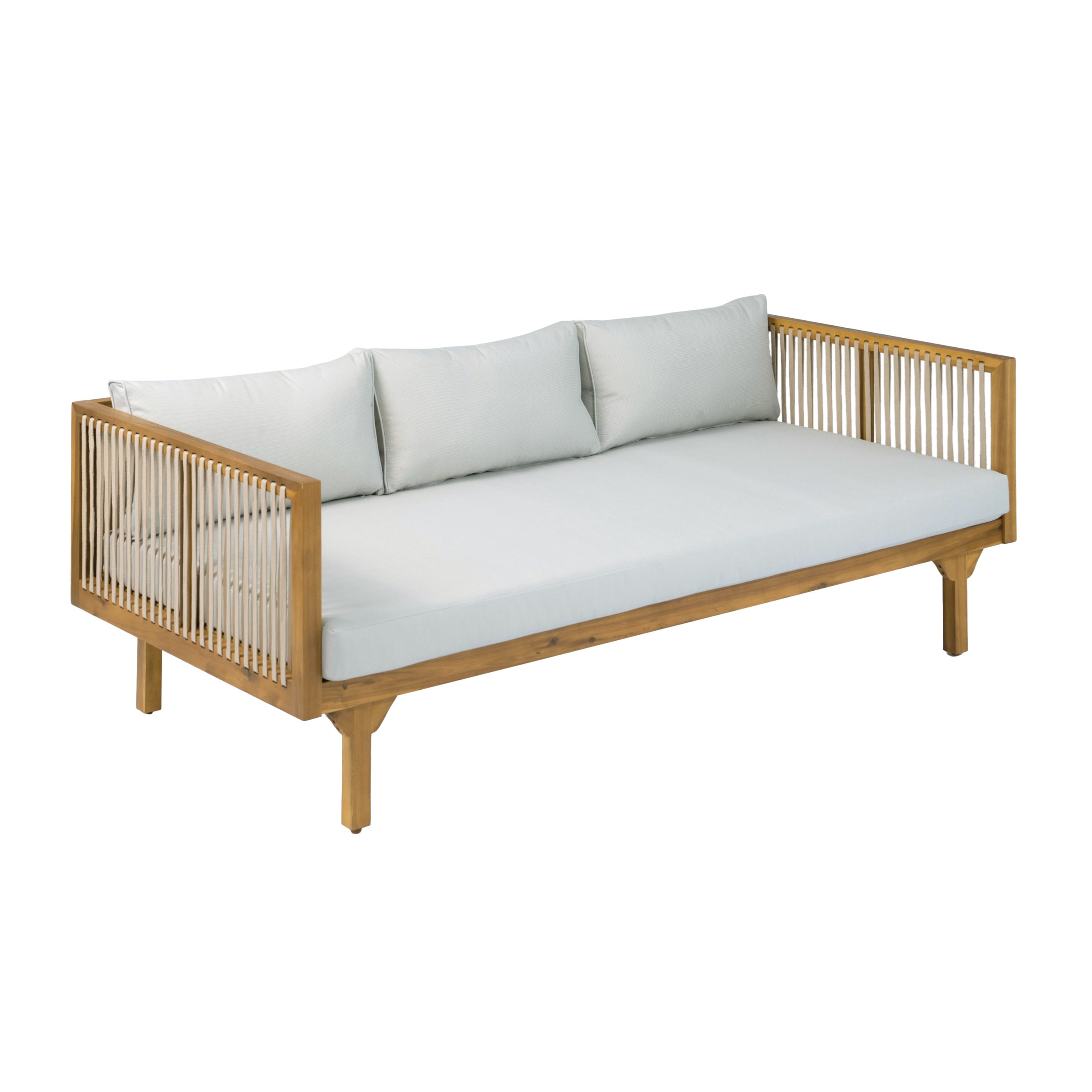 Outdoor Patio Sofa with Light Gray Cushion & Light Brown Rope, Acacia Wood Teak Finish, water resistant Fabric, 600 lbs Capacity, for Garden, Deck, or Backyard - Image 6