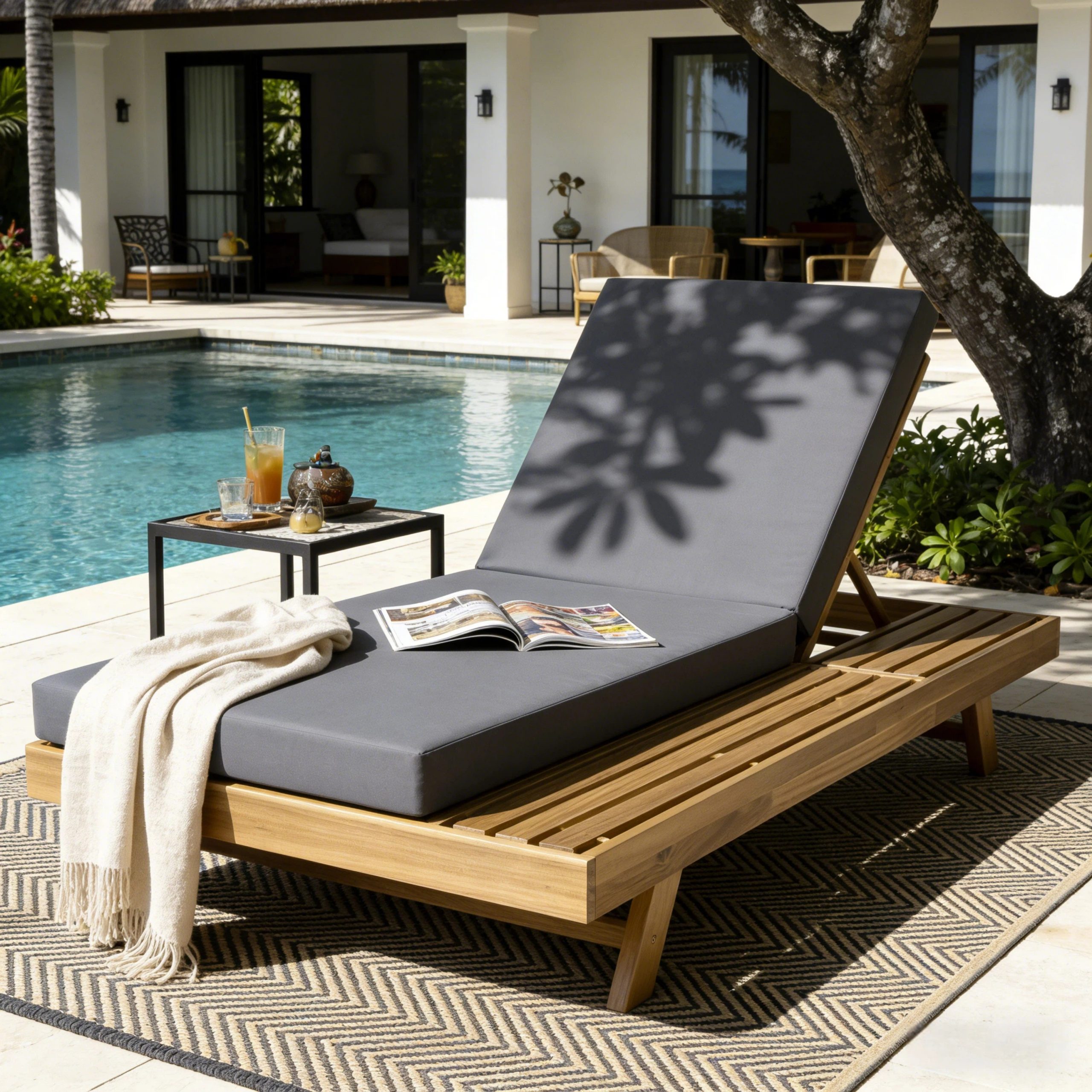 Lounge Chaise Set, Space Available On One Side, Acacia Wood In light brown With Water-Resistant Lounge Cushions (Dark Grey & 4 Inch Thick) – Matching Cream Version Available - Image 2