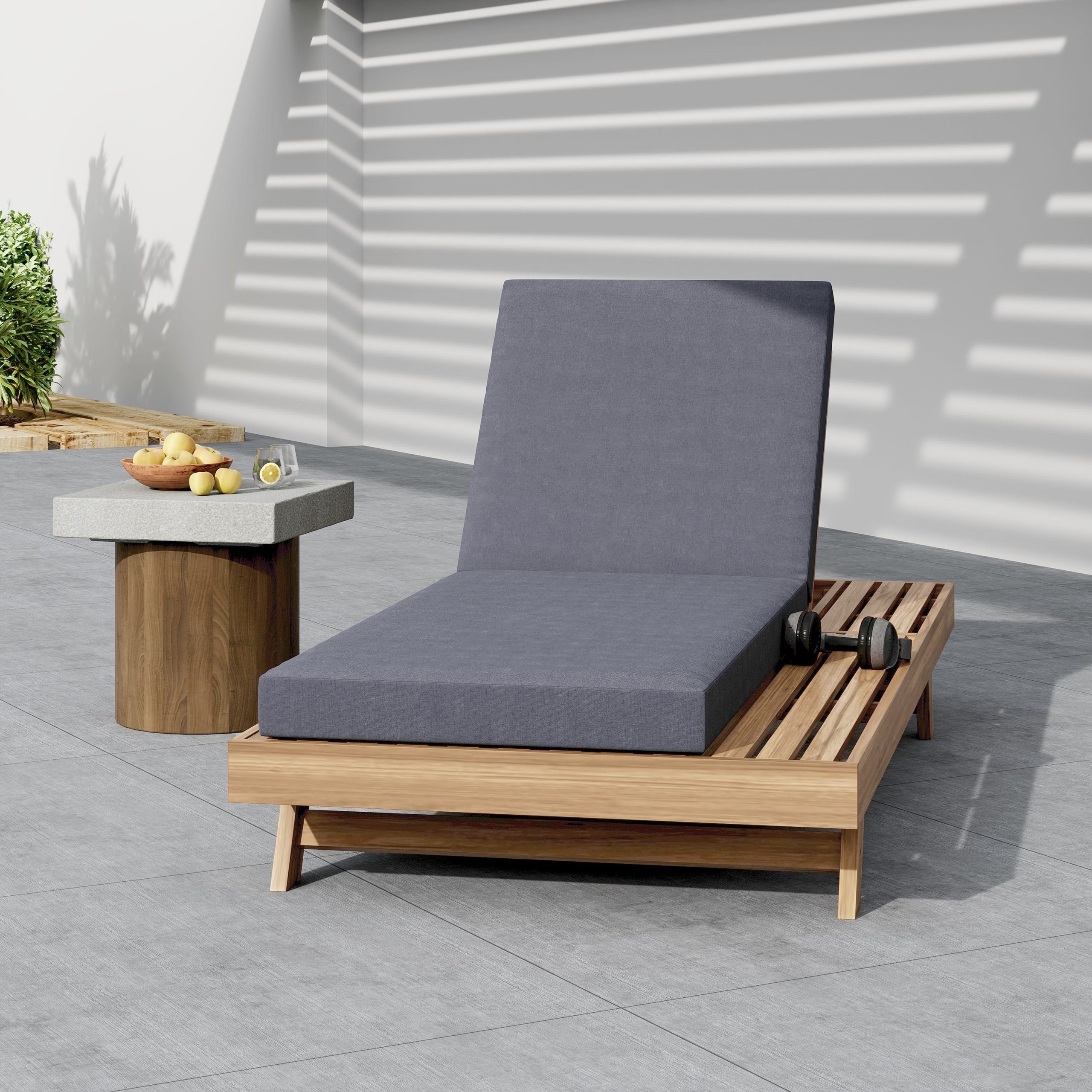 Lounge Chaise Set, Space Available On One Side, Acacia Wood In light brown With Water-Resistant Lounge Cushions (Dark Grey & 4 Inch Thick) – Matching Cream Version Available - Image 5