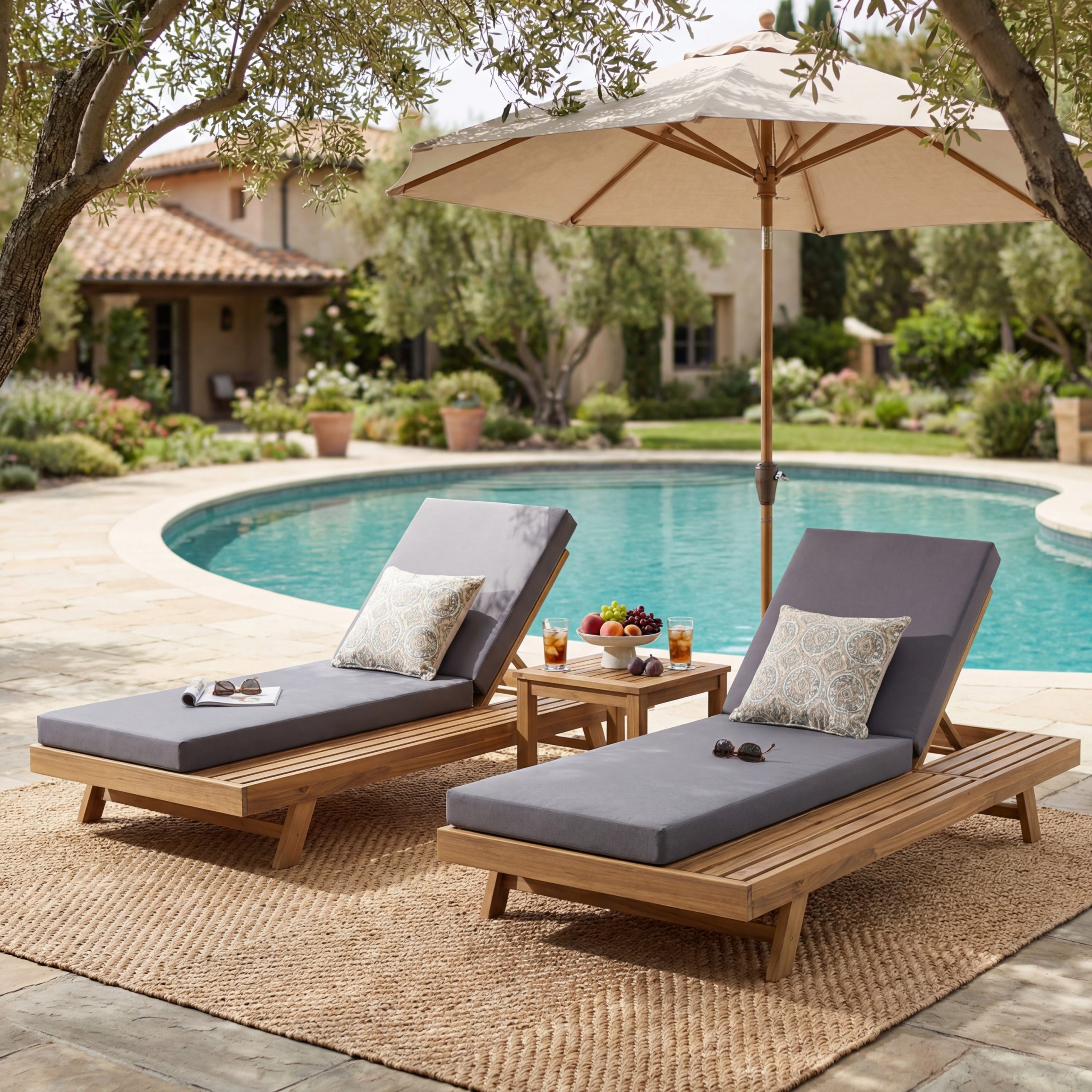 Lounge Chaise Set, Space Available On One Side, Acacia Wood In light brown With Water-Resistant Lounge Cushions (Dark Grey & 4 Inch Thick) – Matching Cream Version Available - Image 6