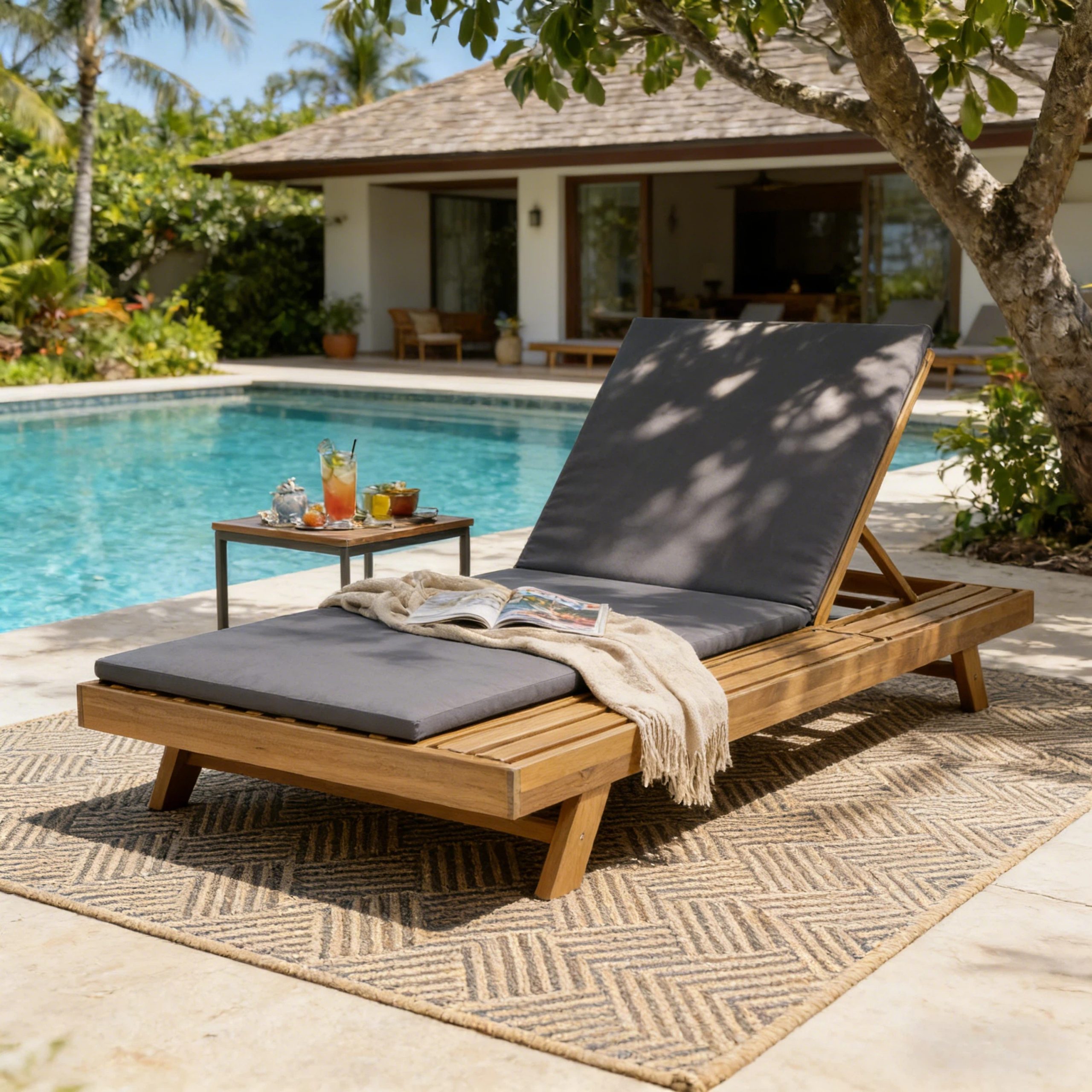 Lounge Chaise Set, Space Available On One Side, Acacia Wood In light brown With Water-Resistant Lounge Cushions (Dark Grey & 2 Inch Thick) – Matching Cream/Leaf Coconut Version Available - Image 1