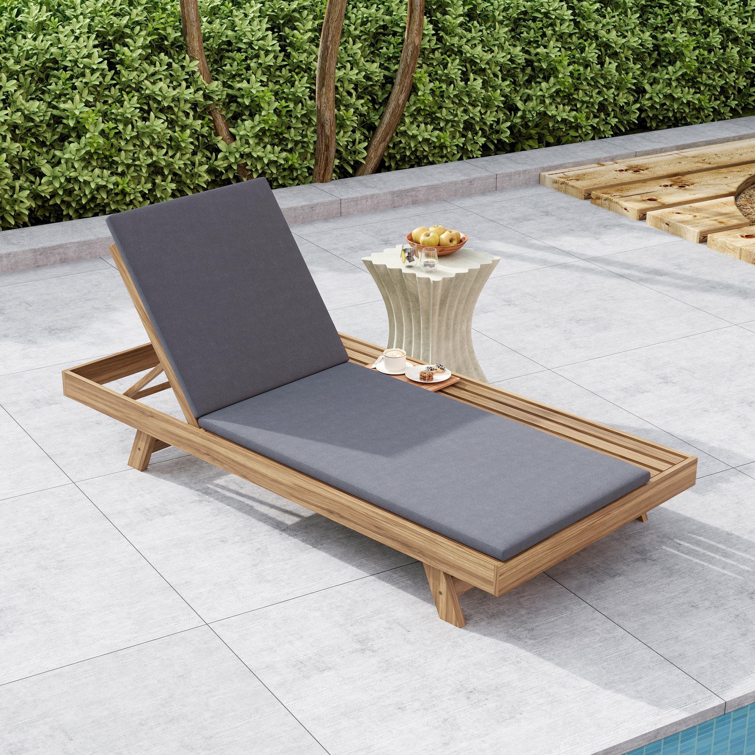 Lounge Chaise Set, Space Available On One Side, Acacia Wood In light brown With Water-Resistant Lounge Cushions (Dark Grey & 2 Inch Thick) – Matching Cream/Leaf Coconut Version Available - Image 4