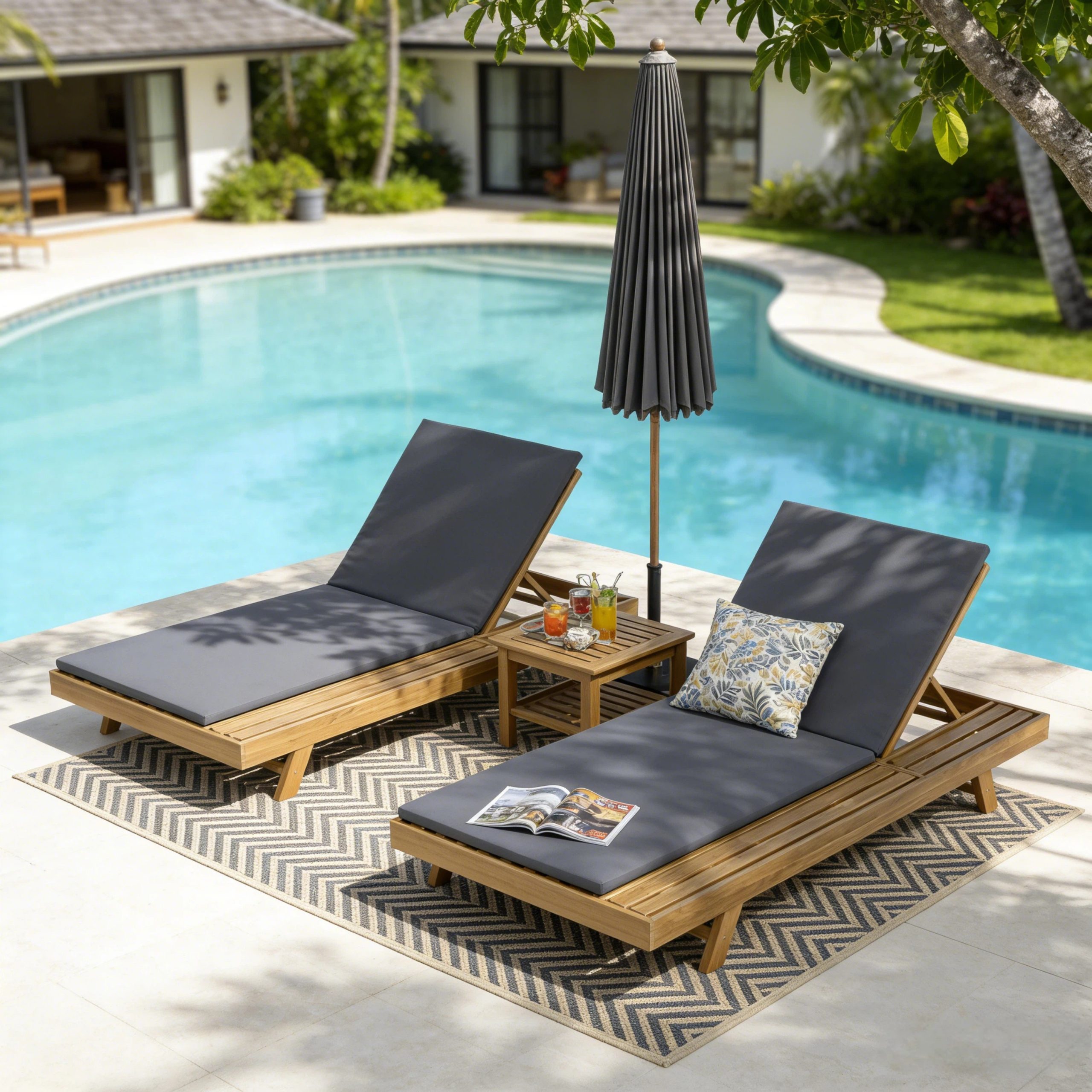Lounge Chaise Set, Space Available On One Side, Acacia Wood In light brown With Water-Resistant Lounge Cushions (Dark Grey & 2 Inch Thick) – Matching Cream/Leaf Coconut Version Available - Image 5