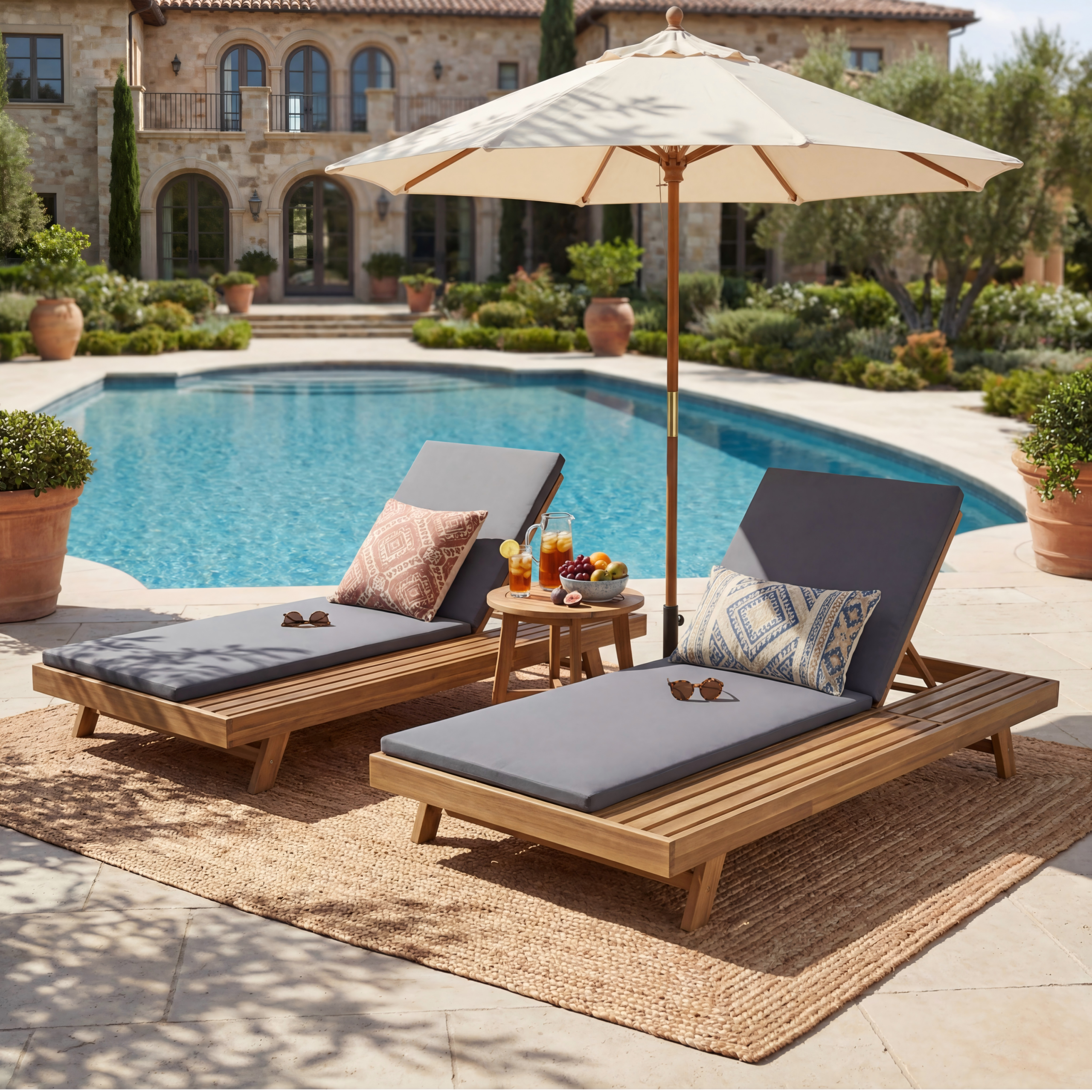 Lounge Chaise Set, Space Available On One Side, Acacia Wood In light brown With Water-Resistant Lounge Cushions (Dark Grey & 2 Inch Thick) – Matching Cream/Leaf Coconut Version Available - Image 6