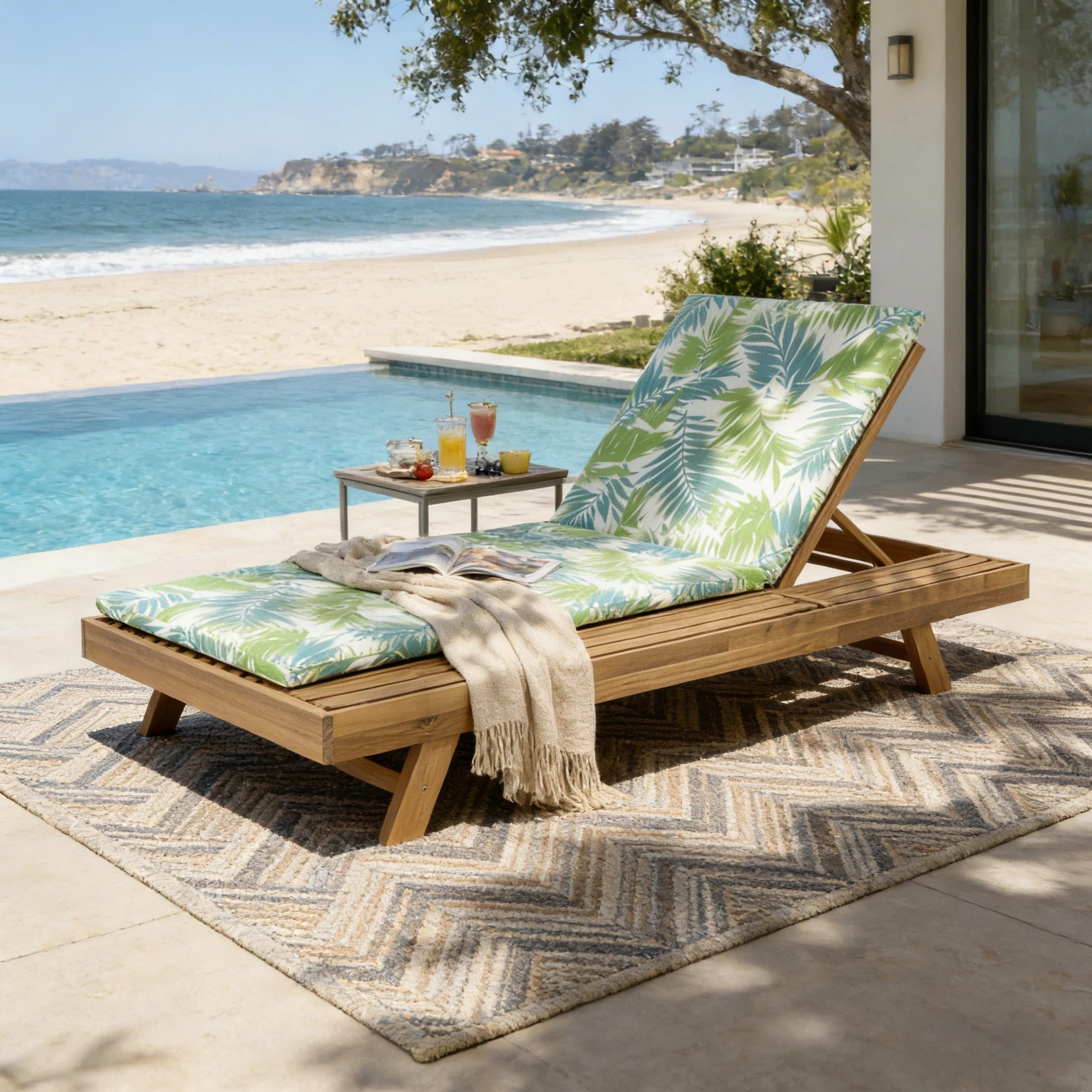 Lounge Chaise Set, Space Available On One Side, Acacia Wood In light brown With Water-Resistant Lounge Cushions (Leaf Coconut & 2 Inch Thick) – Matching Cream/Dark Grey Version Available - Image 1