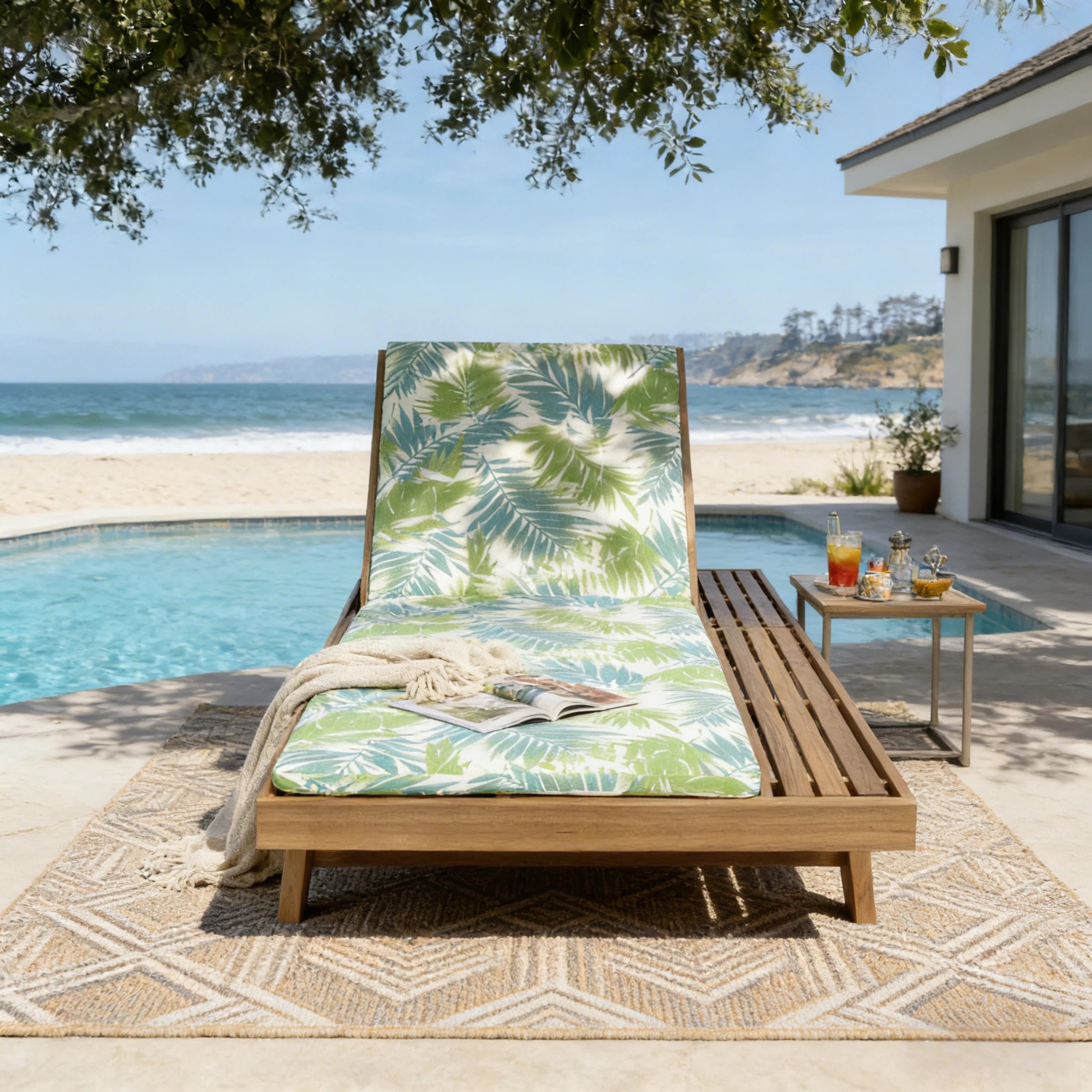 Lounge Chaise Set, Space Available On One Side, Acacia Wood In light brown With Water-Resistant Lounge Cushions (Leaf Coconut & 2 Inch Thick) – Matching Cream/Dark Grey Version Available - Image 2