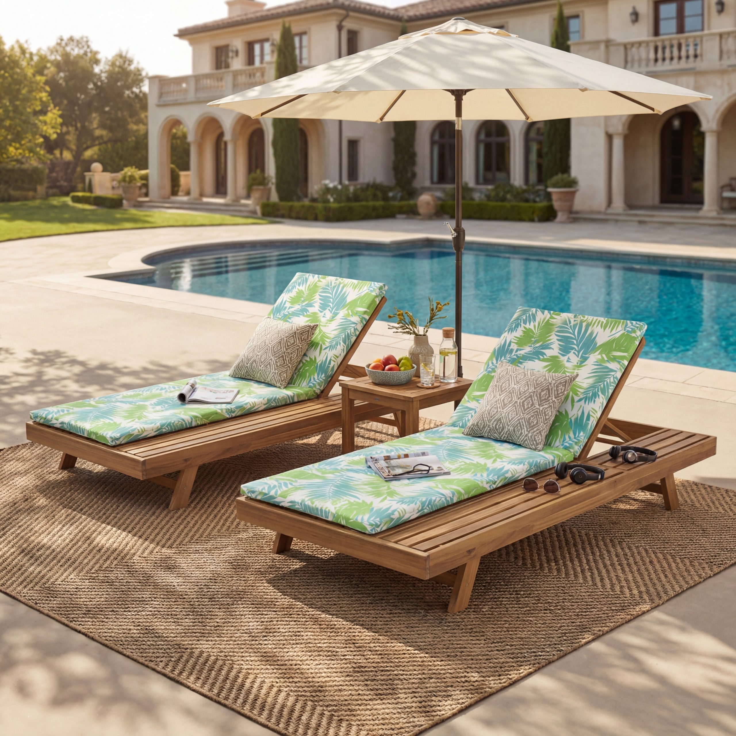 Lounge Chaise Set, Space Available On One Side, Acacia Wood In light brown With Water-Resistant Lounge Cushions (Leaf Coconut & 2 Inch Thick) – Matching Cream/Dark Grey Version Available - Image 6