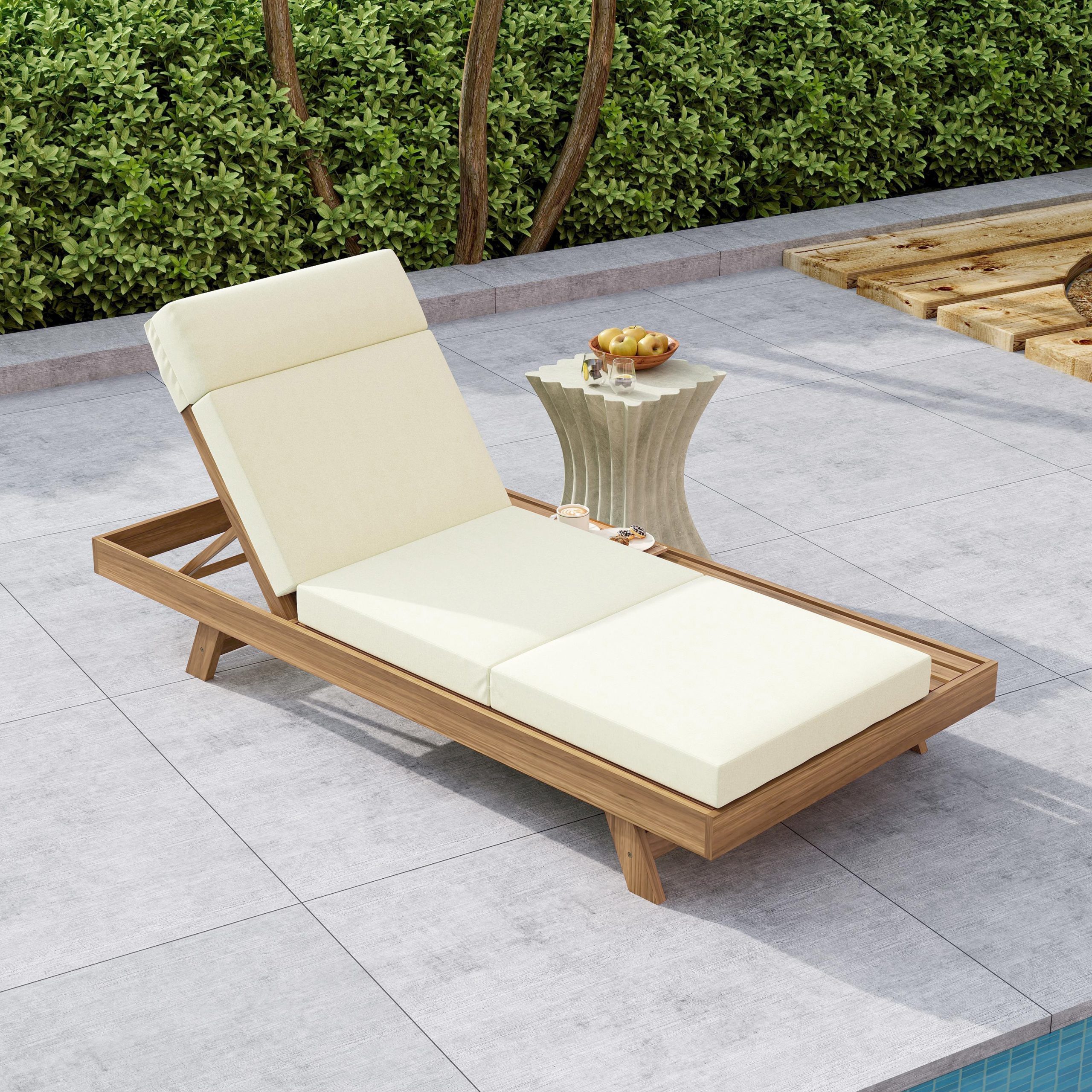 Lounge Chaise Set With Headrest, Space Available On One Side, Acacia Wood In light brown With Water-Resistant Lounge Cushions (Beige & 3-Fold & 4 Inch) – Matching Dark Grey/Cream Version Available - Image 4
