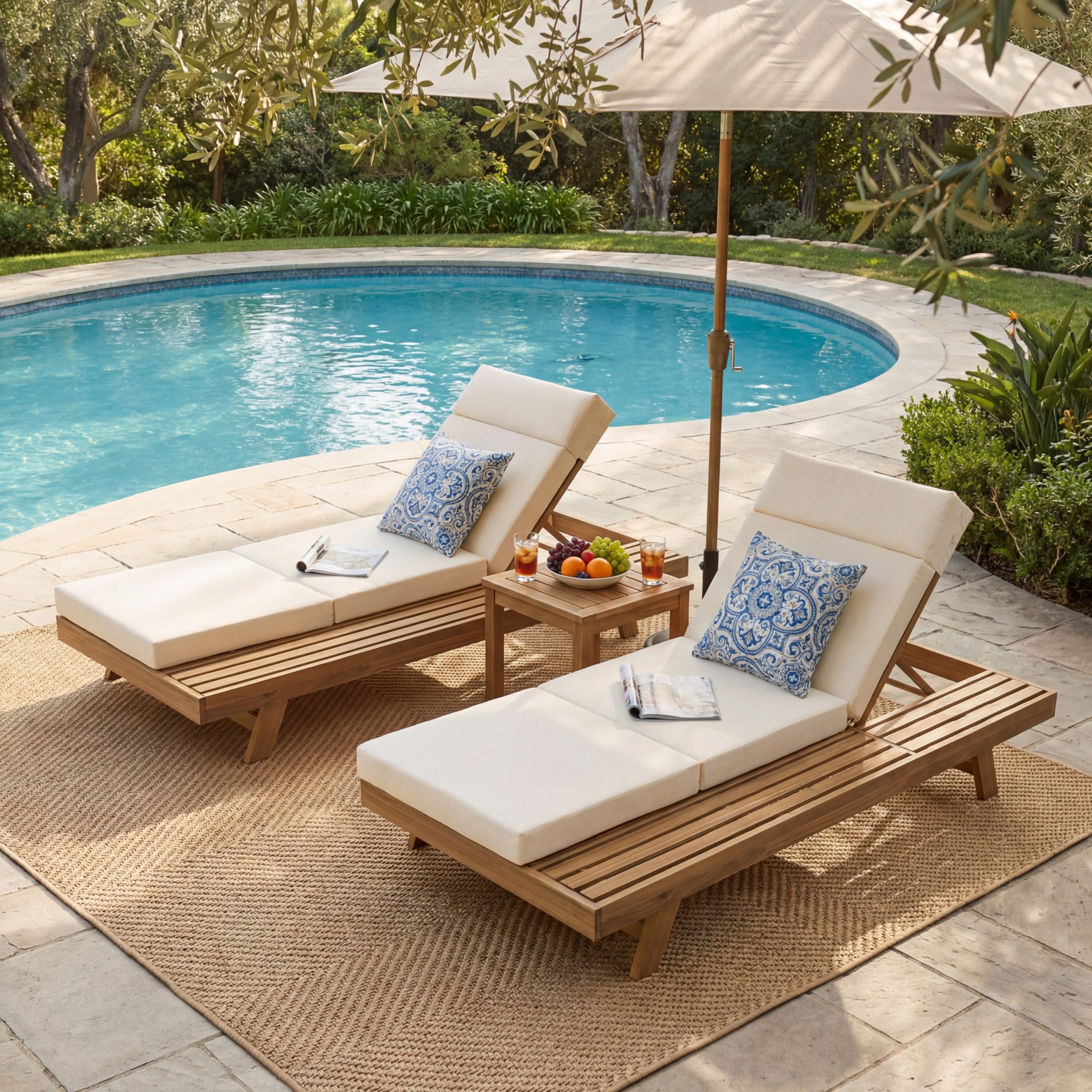 Lounge Chaise Set With Headrest, Space Available On One Side, Acacia Wood In light brown With Water-Resistant Lounge Cushions (Beige & 3-Fold & 4 Inch) – Matching Dark Grey/Cream Version Available - Image 5