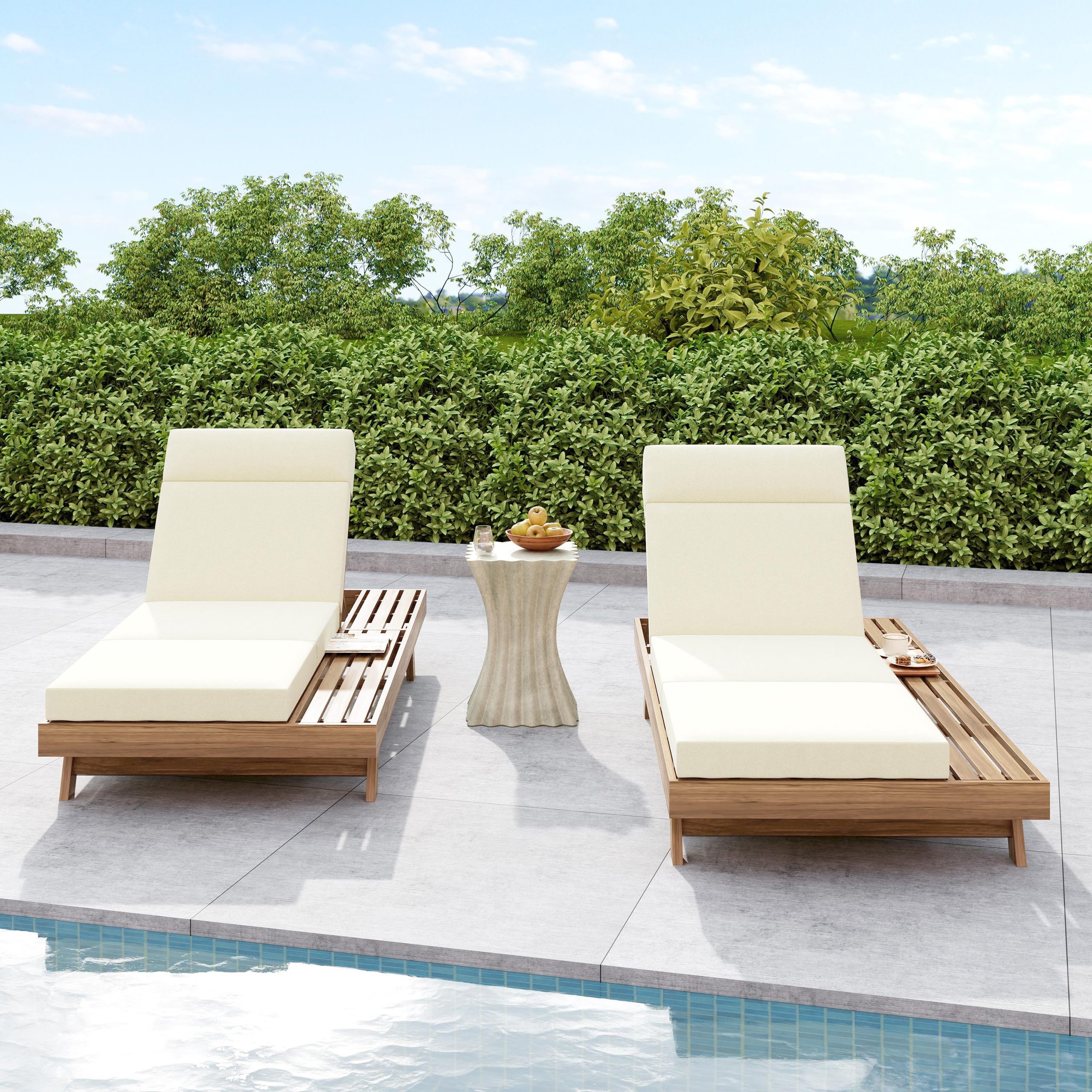 Lounge Chaise Set With Headrest, Space Available On One Side, Acacia Wood In light brown With Water-Resistant Lounge Cushions (Beige & 3-Fold & 4 Inch) – Matching Dark Grey/Cream Version Available - Image 6
