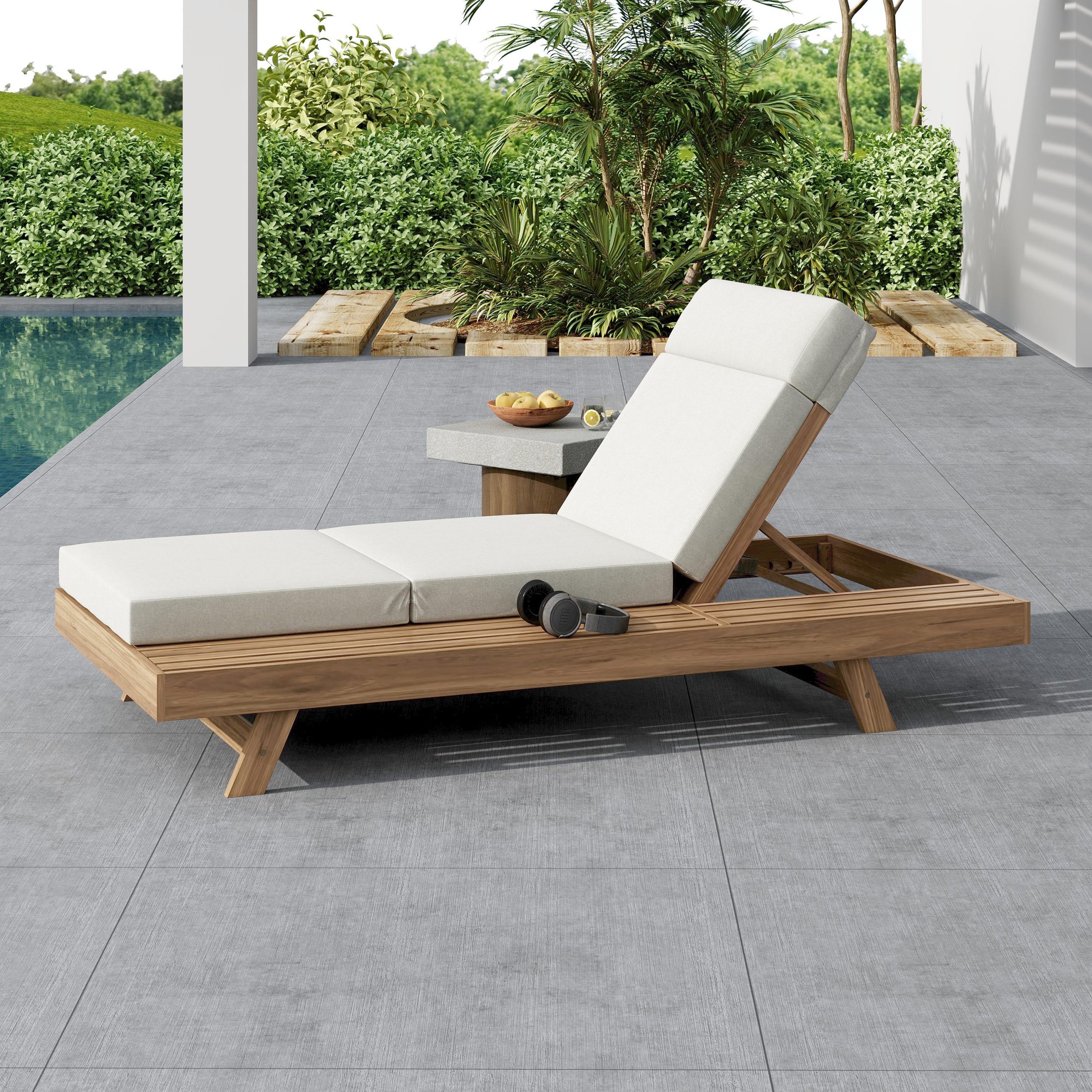 Lounge Chaise Set With Headrest, Space Available On One Side, Acacia Wood In light brown With Water-Resistant Lounge Cushions (Cream & 3-Fold & 4 Inch) – Matching Dark Grey/Beige Version Available - Image 4