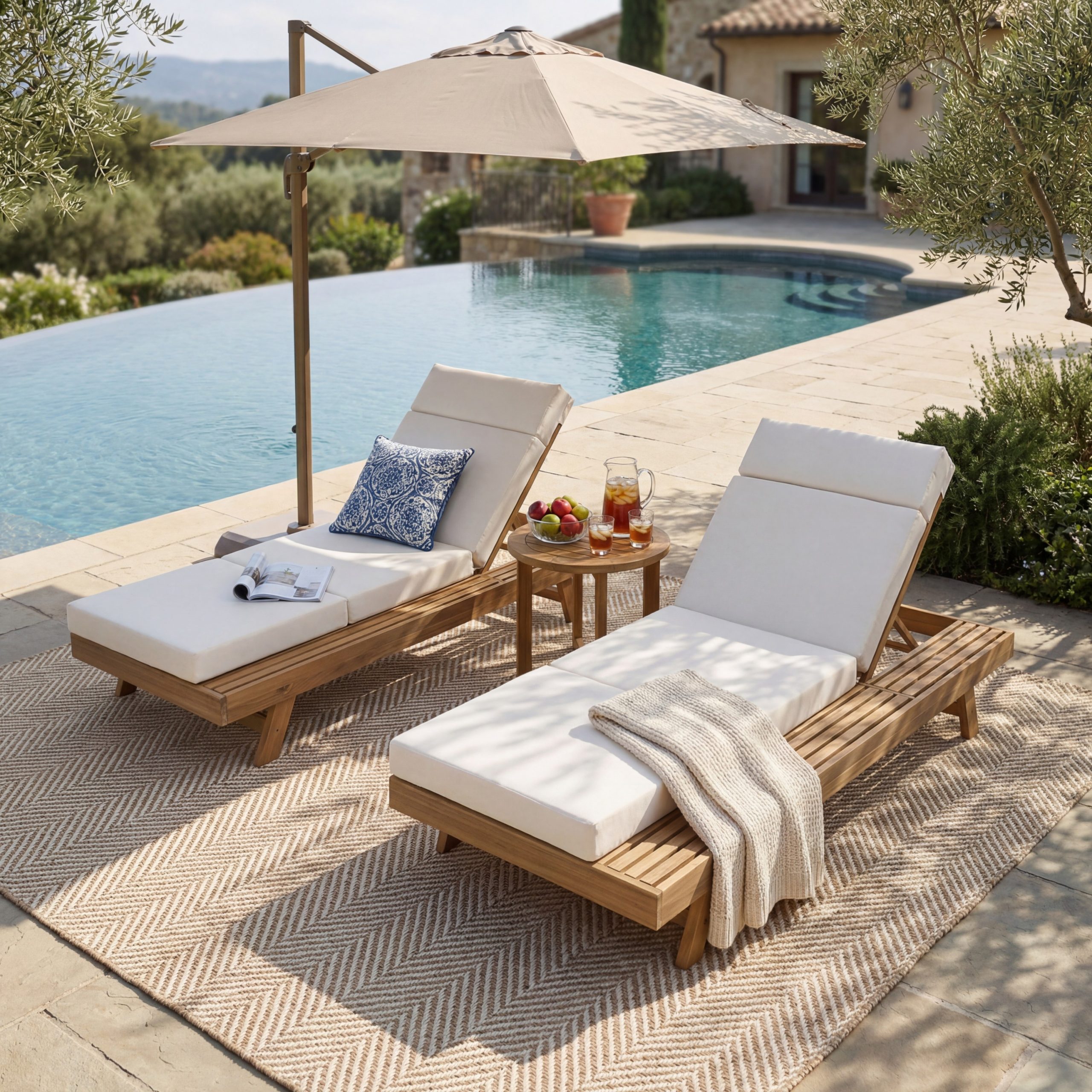 Lounge Chaise Set With Headrest, Space Available On One Side, Acacia Wood In light brown With Water-Resistant Lounge Cushions (Cream & 3-Fold & 4 Inch) – Matching Dark Grey/Beige Version Available - Image 5
