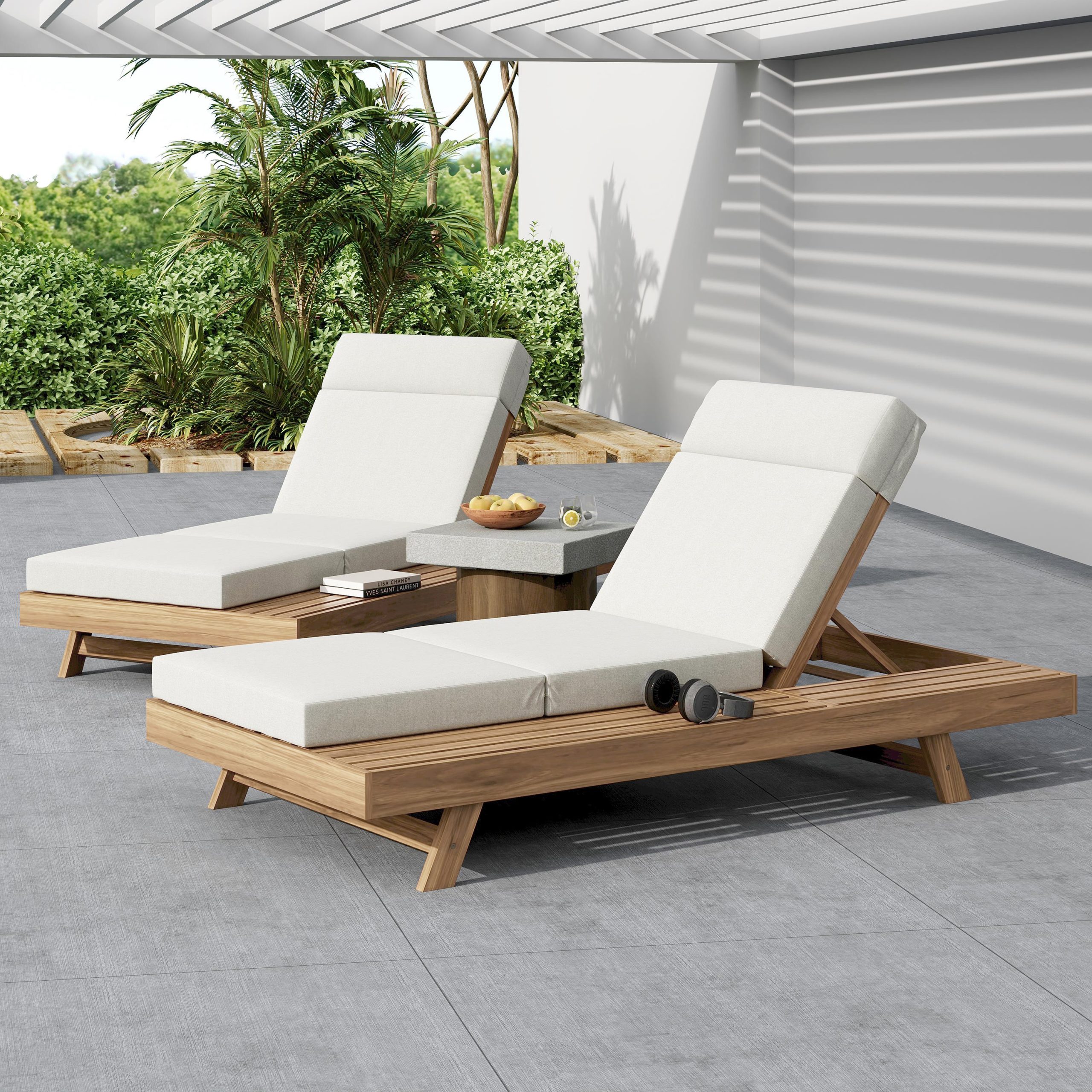 Lounge Chaise Set With Headrest, Space Available On One Side, Acacia Wood In light brown With Water-Resistant Lounge Cushions (Cream & 3-Fold & 4 Inch) – Matching Dark Grey/Beige Version Available - Image 6